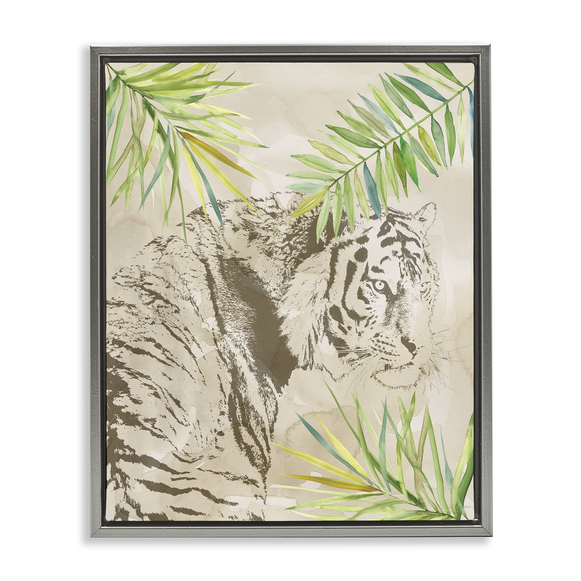 Stupell Industries Tiger Impression & Palms Animals Painting Gray Floater Framed Canvas Art Print Wall Art, 17 x 21