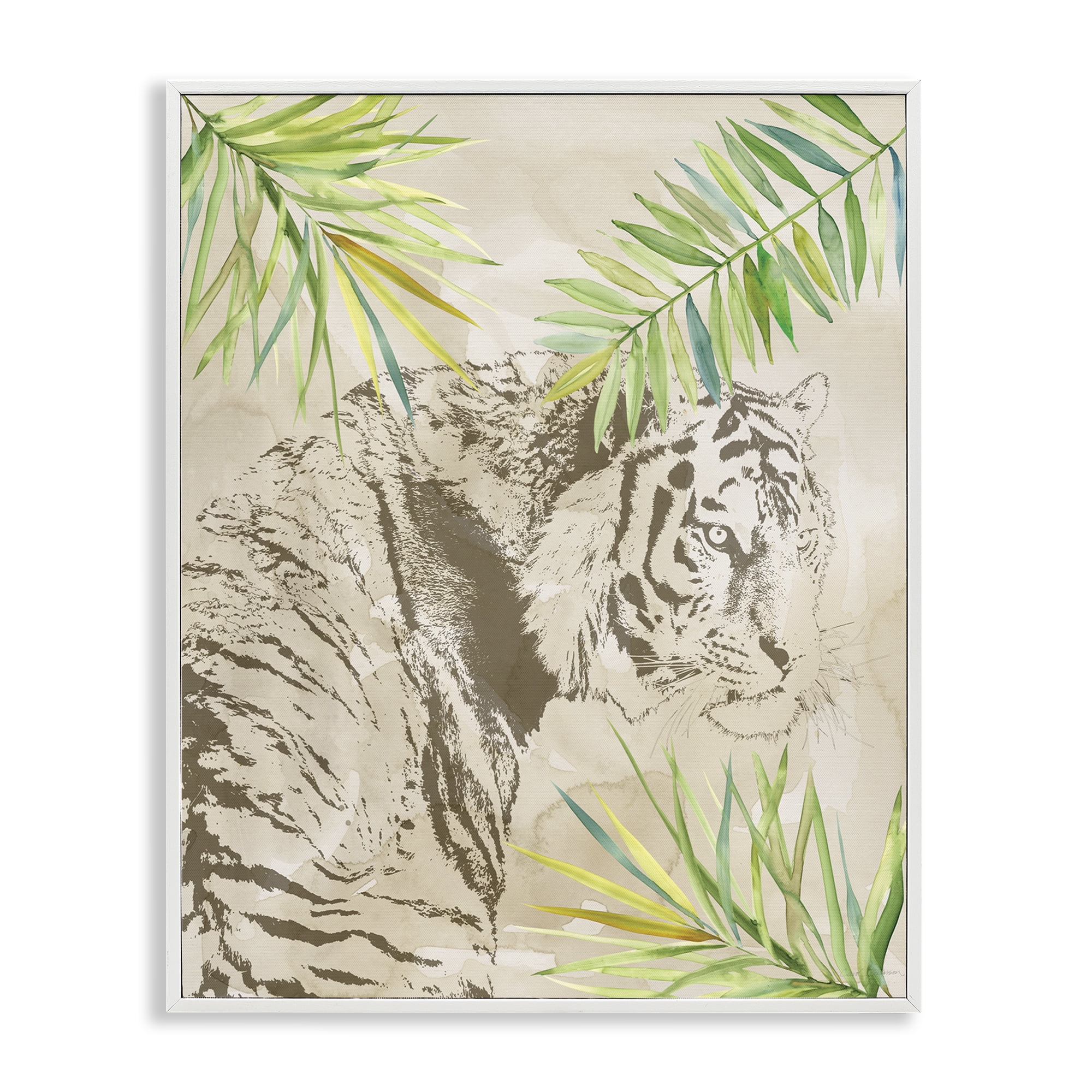 Stupell Industries Tiger Impression & Palms Animals Painting White Framed Art Print Wall Art, 24 x 30