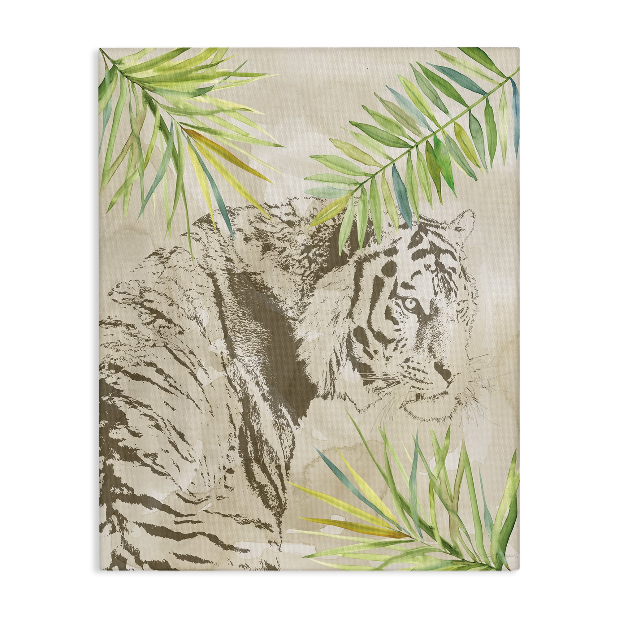 Stupell Industries Tiger Impression & Palms Animals Painting Wrapped Canvas Art Print Wall Art, 36 x 48