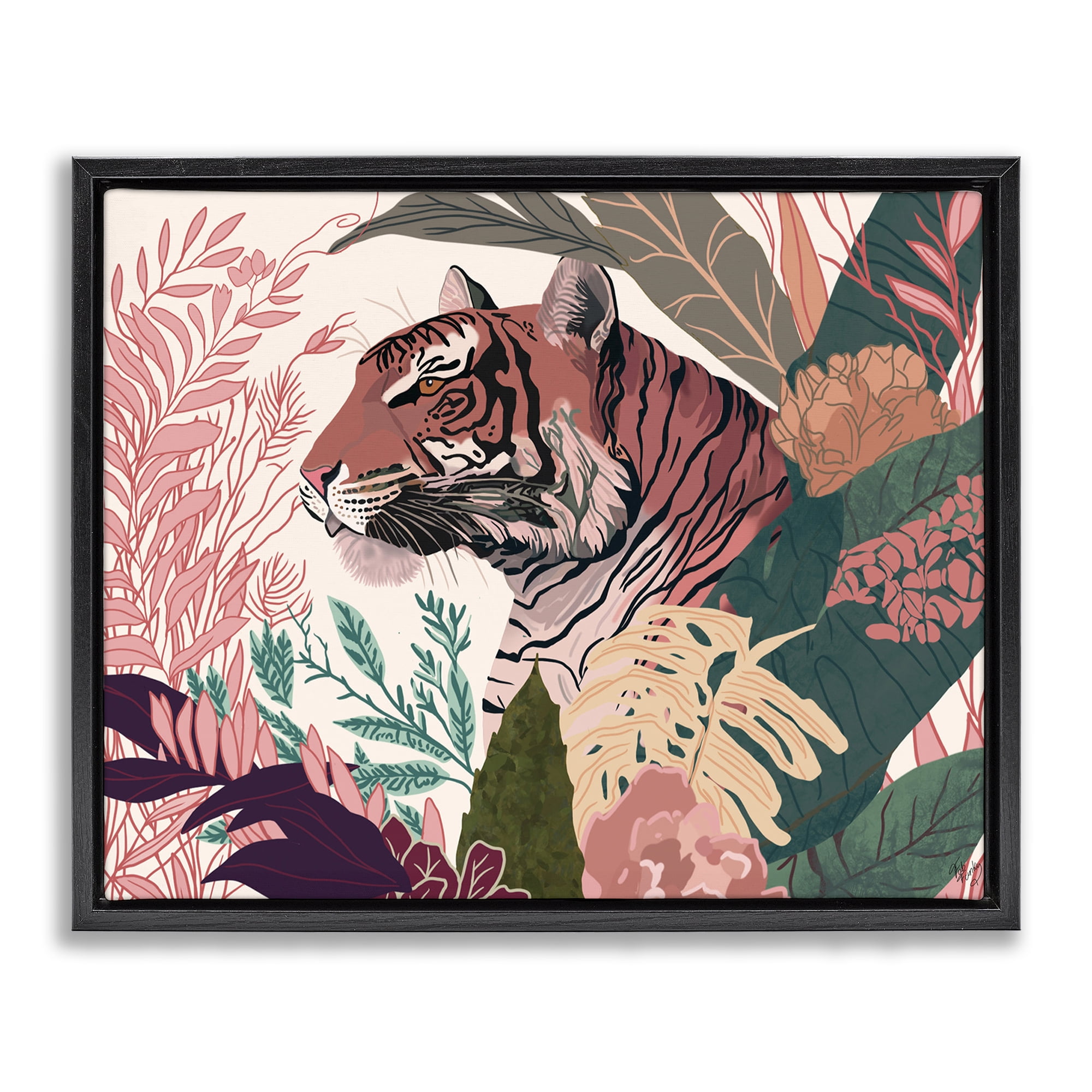 Stupell Industries Tiger Peeking from Leaves Animals & Insects Painting Black Floater Framed Canvas Art Print Wall Art, 31 x 25