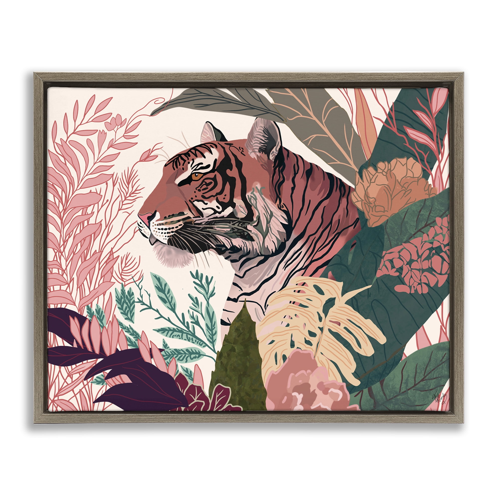 Stupell Industries Tiger Peeking from Leaves Animals & Insects Painting Brown Floater Framed Canvas Art Print Wall Art, 31 x 25