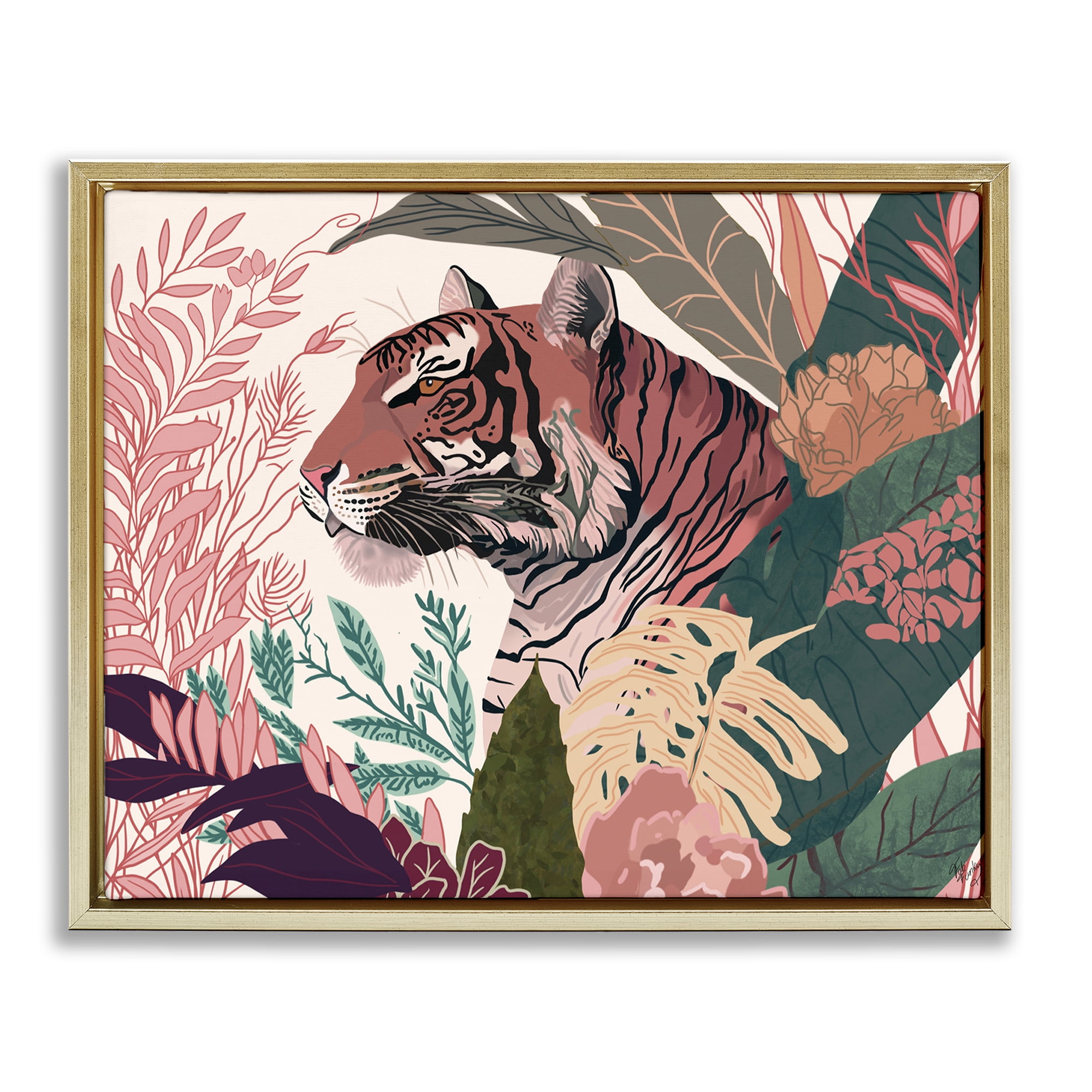 Stupell Industries Tiger Peeking from Leaves Animals & Insects Painting Gold Floater Framed Canvas Art Print Wall Art, 21 x 17