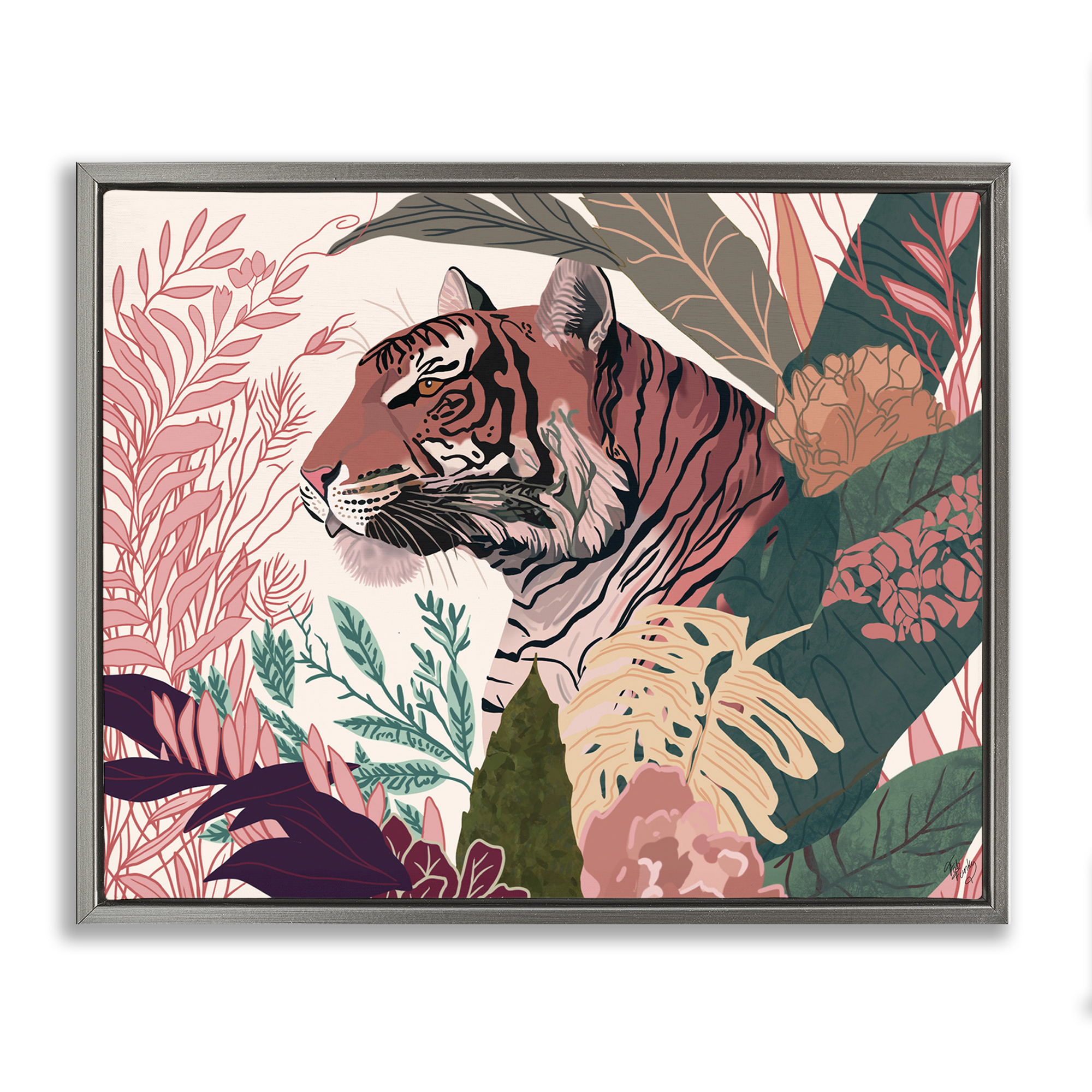 Stupell Industries Tiger Peeking from Leaves Animals & Insects Painting Gray Floater Framed Canvas Art Print Wall Art, 21 x 17