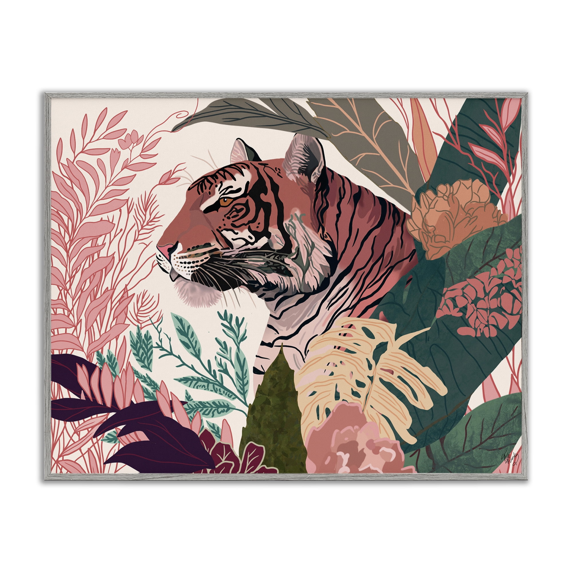 Stupell Industries Tiger Peeking from Leaves Animals & Insects Painting Gray Framed Art Print Wall Art, 20 x 16