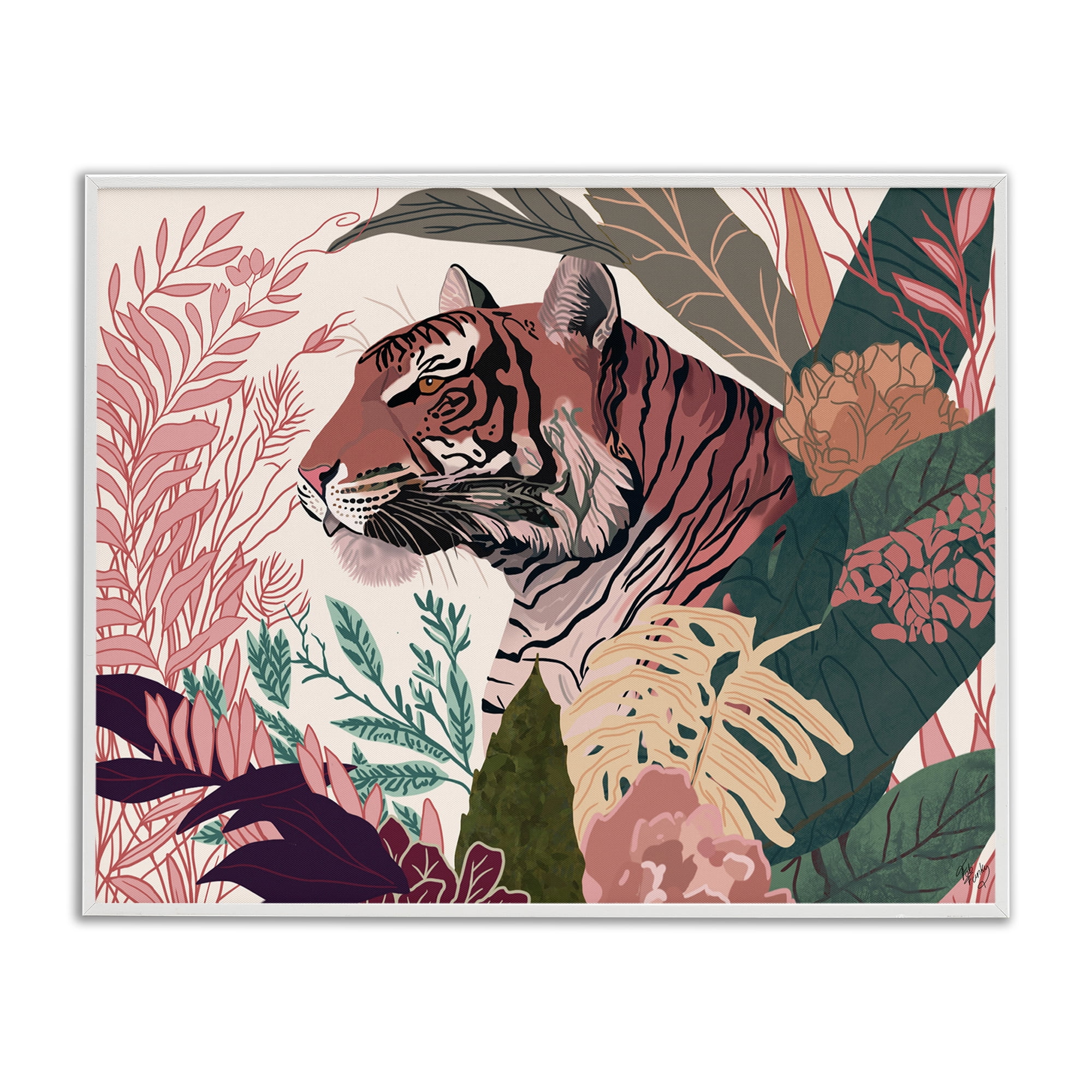 Stupell Industries Tiger Peeking from Leaves Animals & Insects Painting White Framed Art Print Wall Art, 20 x 16