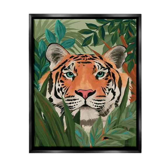 Stupell Industries Tiger Peeking in Leaves Animals & Insects Painting Black Floater Framed Canvas Art Print Wall Art, 17 x 21