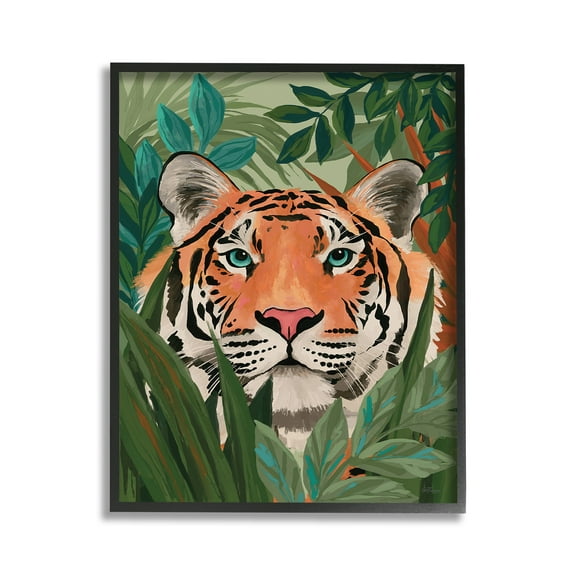 Stupell Industries Tiger Peeking in Leaves Animals & Insects Painting Black Framed Art Print Wall Art, 11 x 14