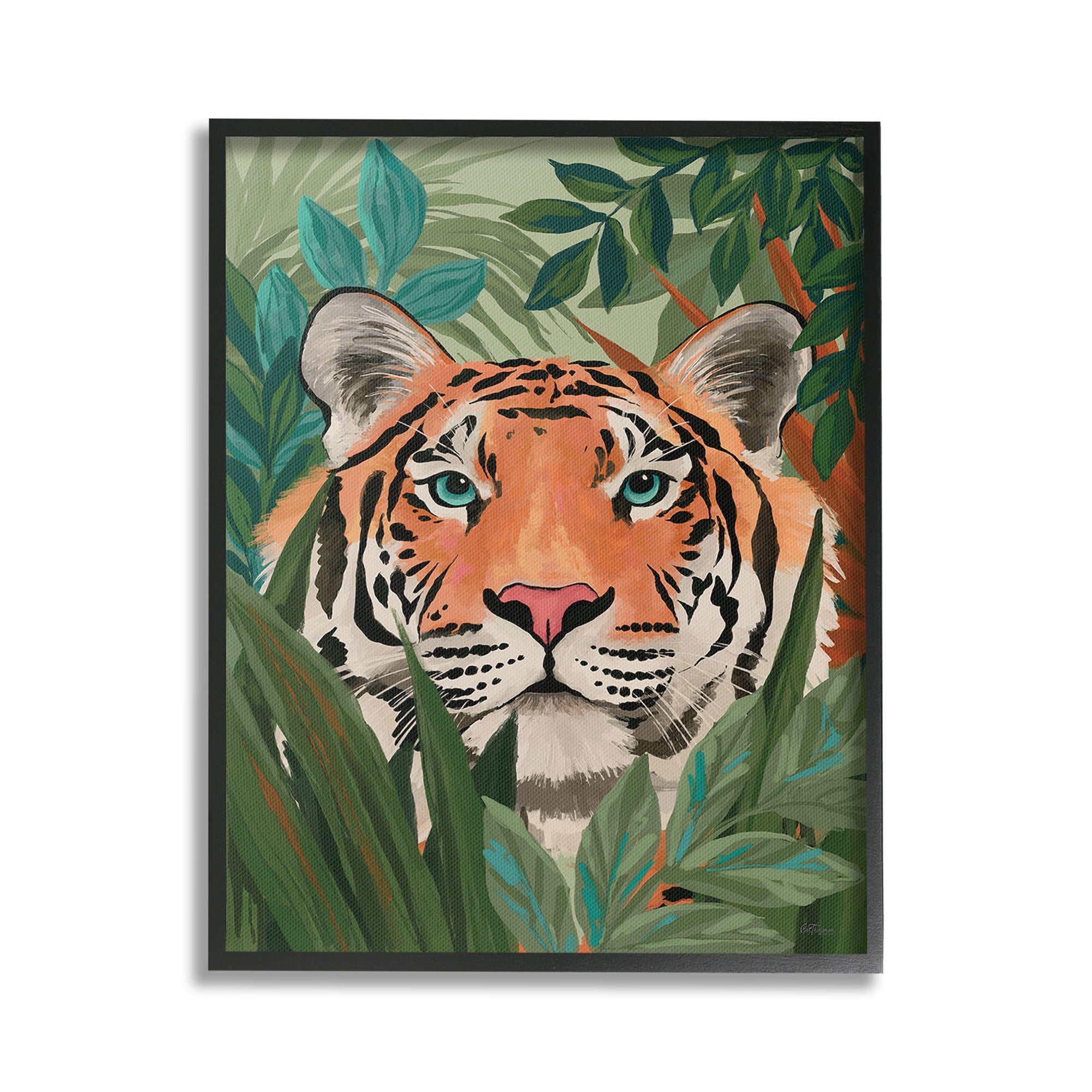 Stupell Industries Tiger Peeking in Leaves Animals & Insects Painting Black Framed Art Print Wall Art, 24 x 30