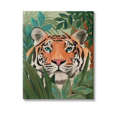 Stupell Industries Tiger Peeking in Leaves Animals & Insects Painting Gallery Wrapped Canvas Art Print Wall Art, 16 x 20