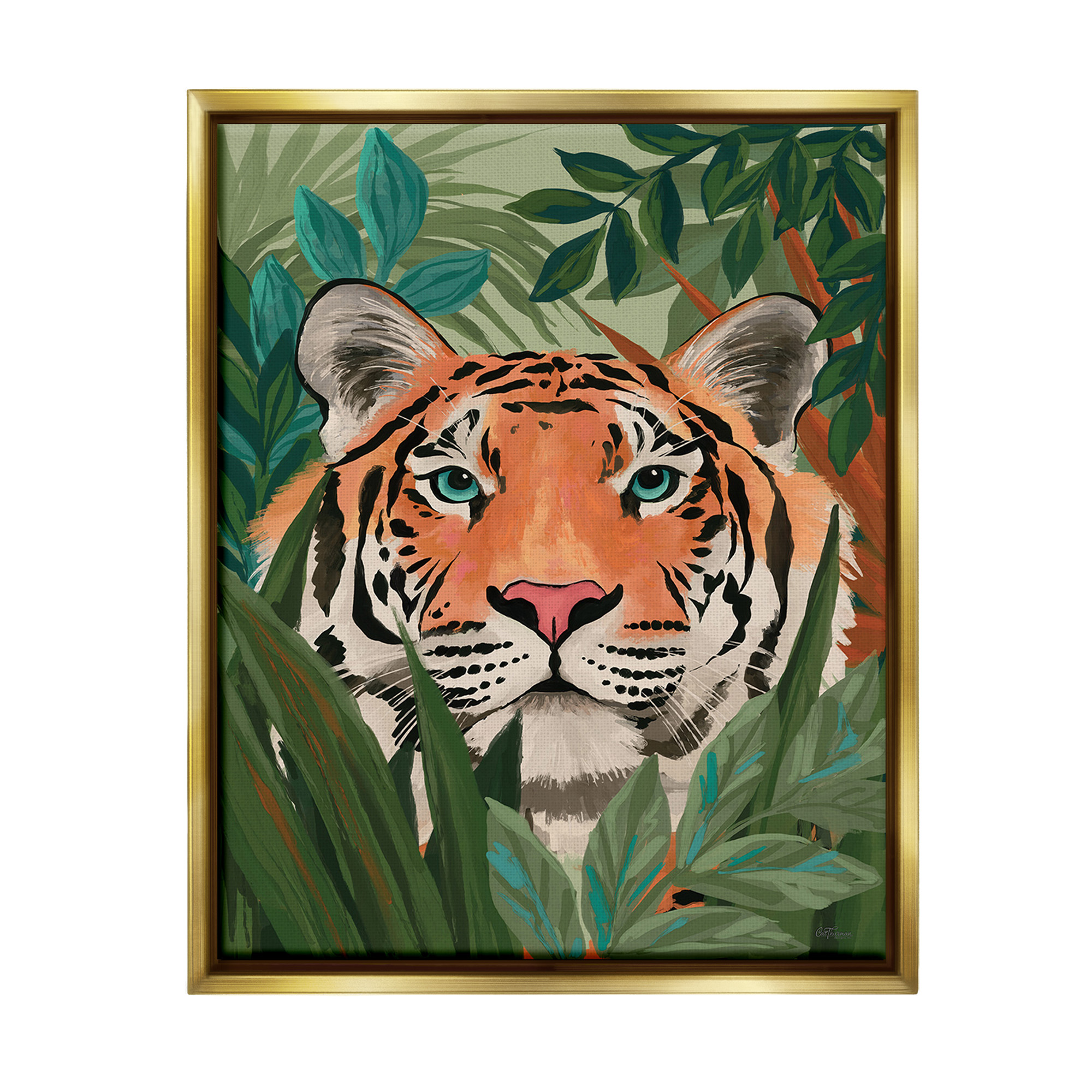 Stupell Industries Tiger Peeking in Leaves Animals & Insects Painting Gold Floater Framed Canvas Art Print Wall Art, 17 x 21