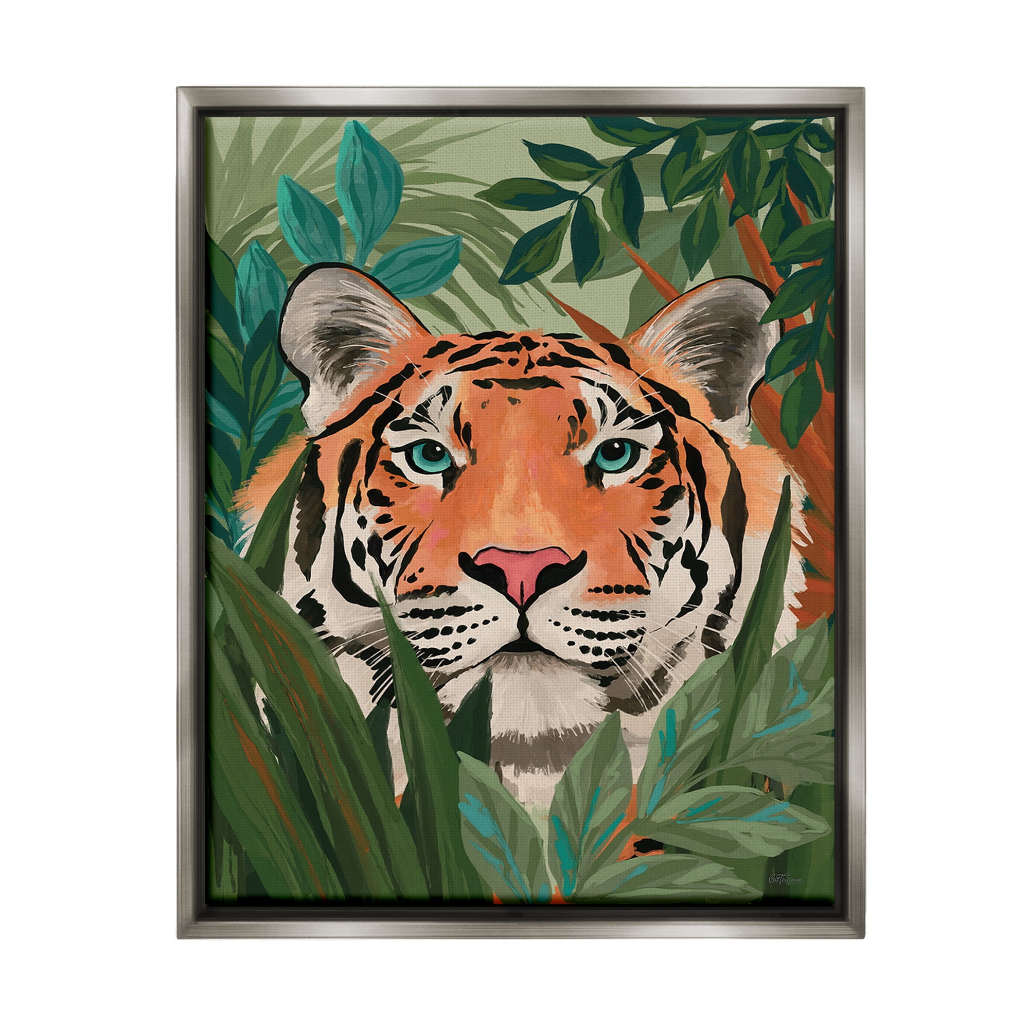 Stupell Industries Tiger Peeking in Leaves Animals & Insects Painting Gray Floater Framed Canvas Art Print Wall Art, 17 x 21