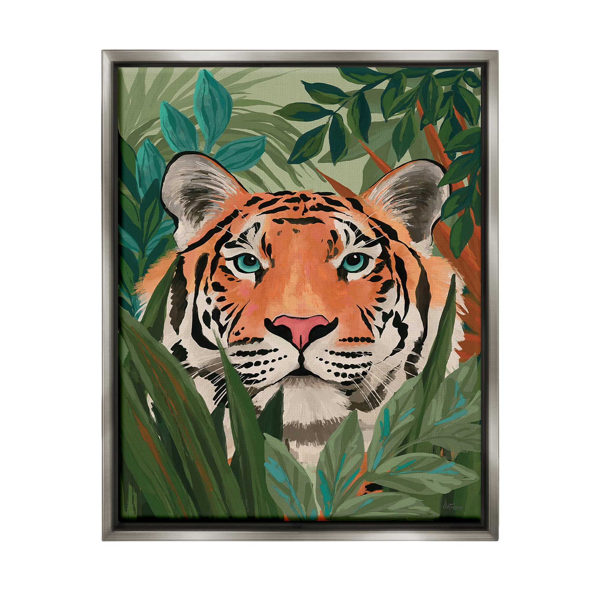 Stupell Industries Tiger Peeking in Leaves Animals & Insects Painting Gray Floater Framed Canvas Art Print Wall Art, 25 x 31
