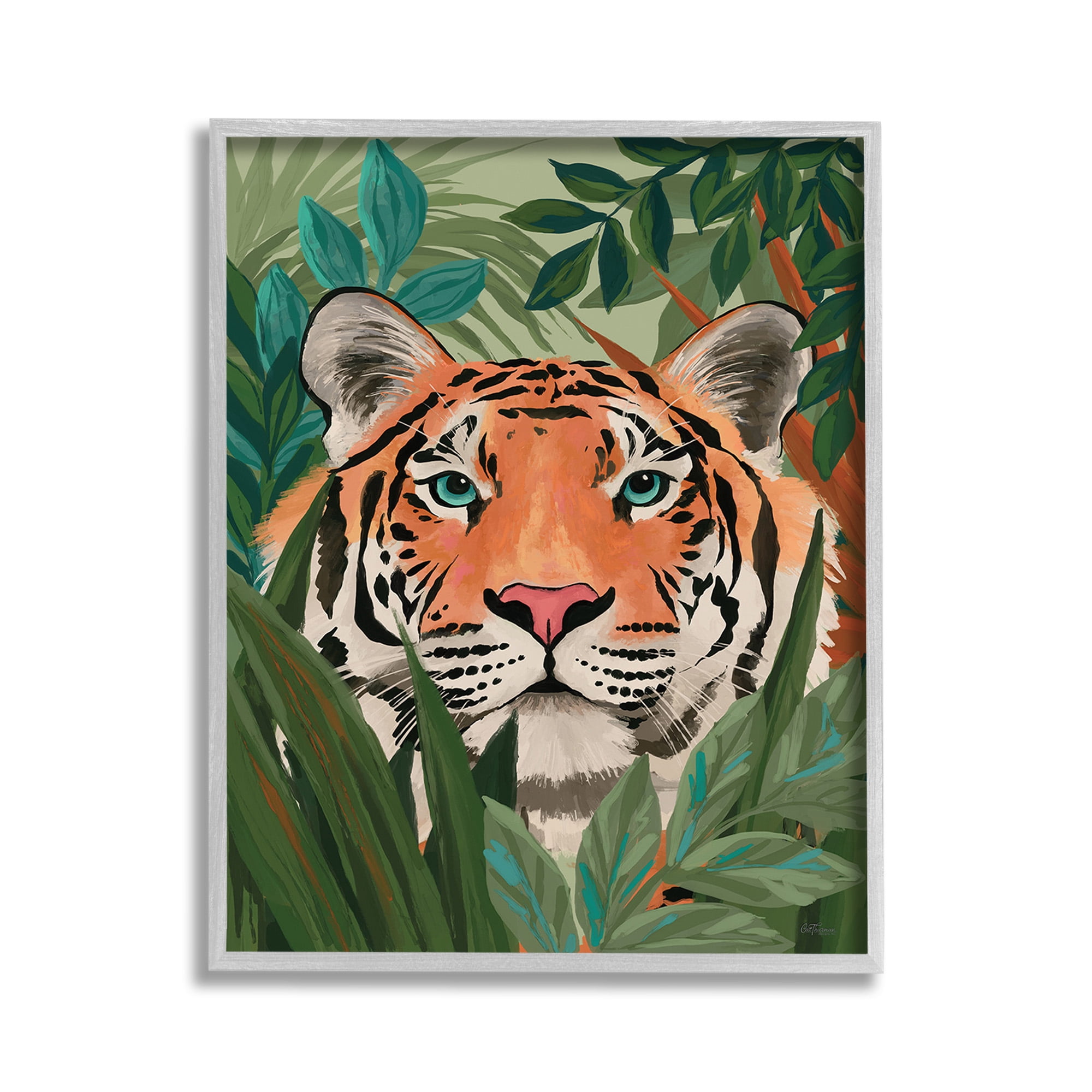 Stupell Industries Tiger Peeking in Leaves Animals & Insects Painting Gray Framed Art Print Wall Art, 11 x 14