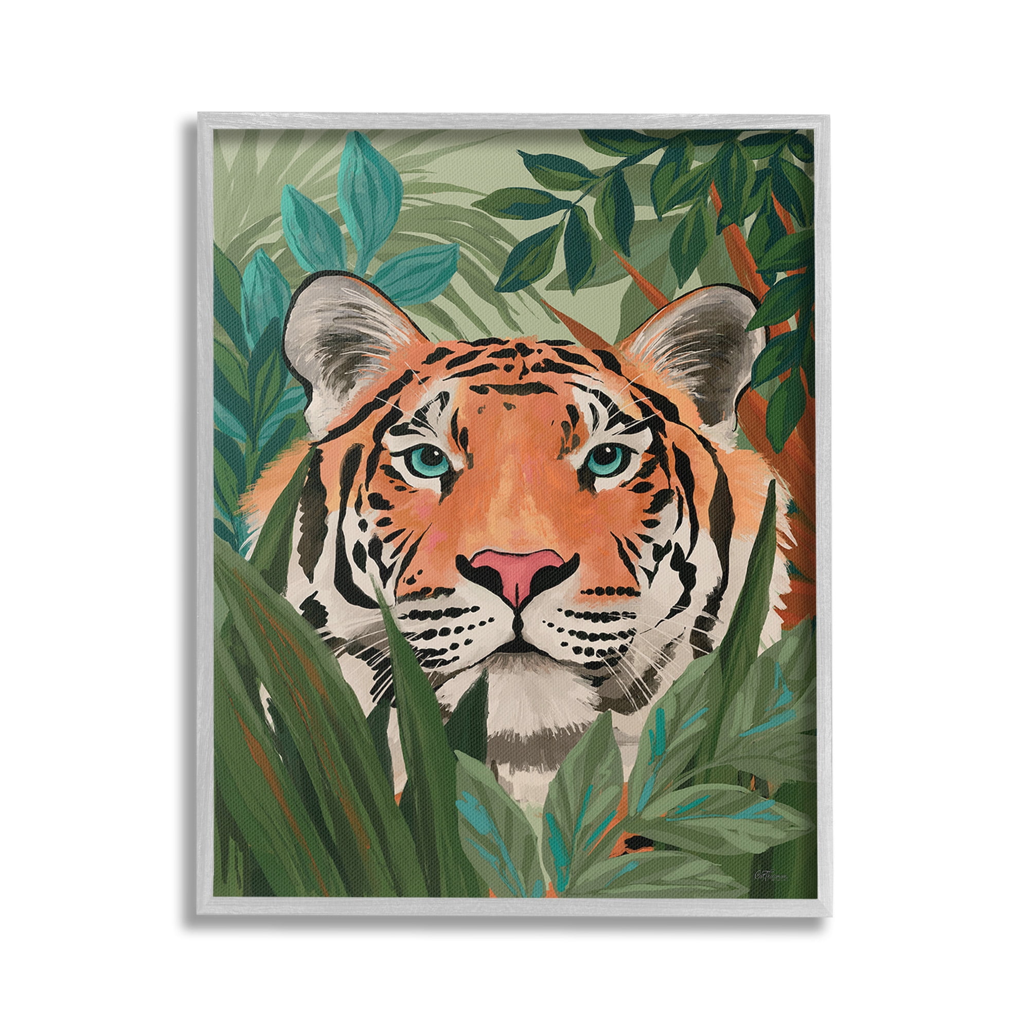 Stupell Industries Tiger Peeking in Leaves Animals & Insects Painting Gray Framed Art Print Wall Art, 24 x 30