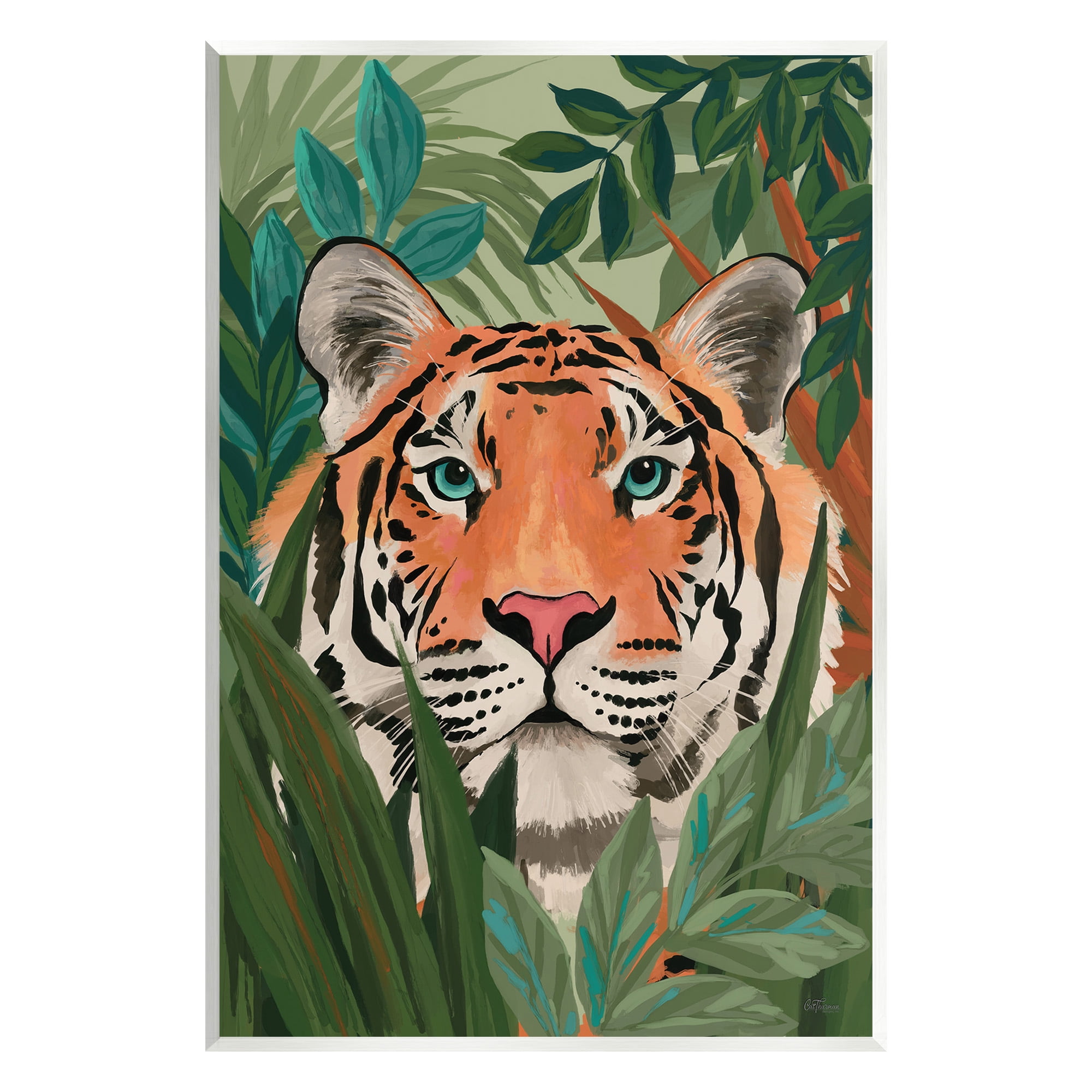 Stupell Industries Tiger Peeking in Leaves Animals & Insects Painting Unframed Art Print Wall Art, 13 x 19
