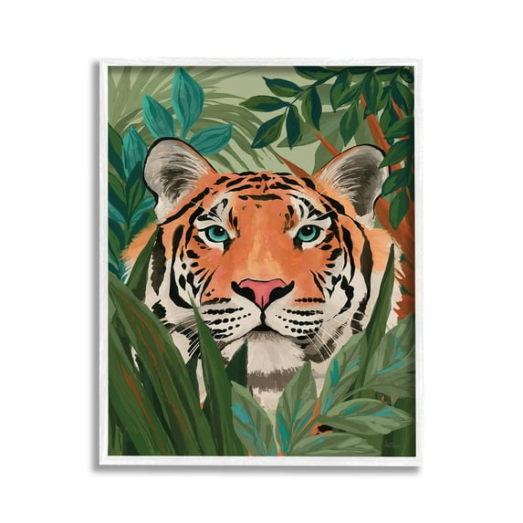 Stupell Industries Tiger Peeking in Leaves Animals & Insects Painting White Framed Art Print Wall Art, 11 x 14