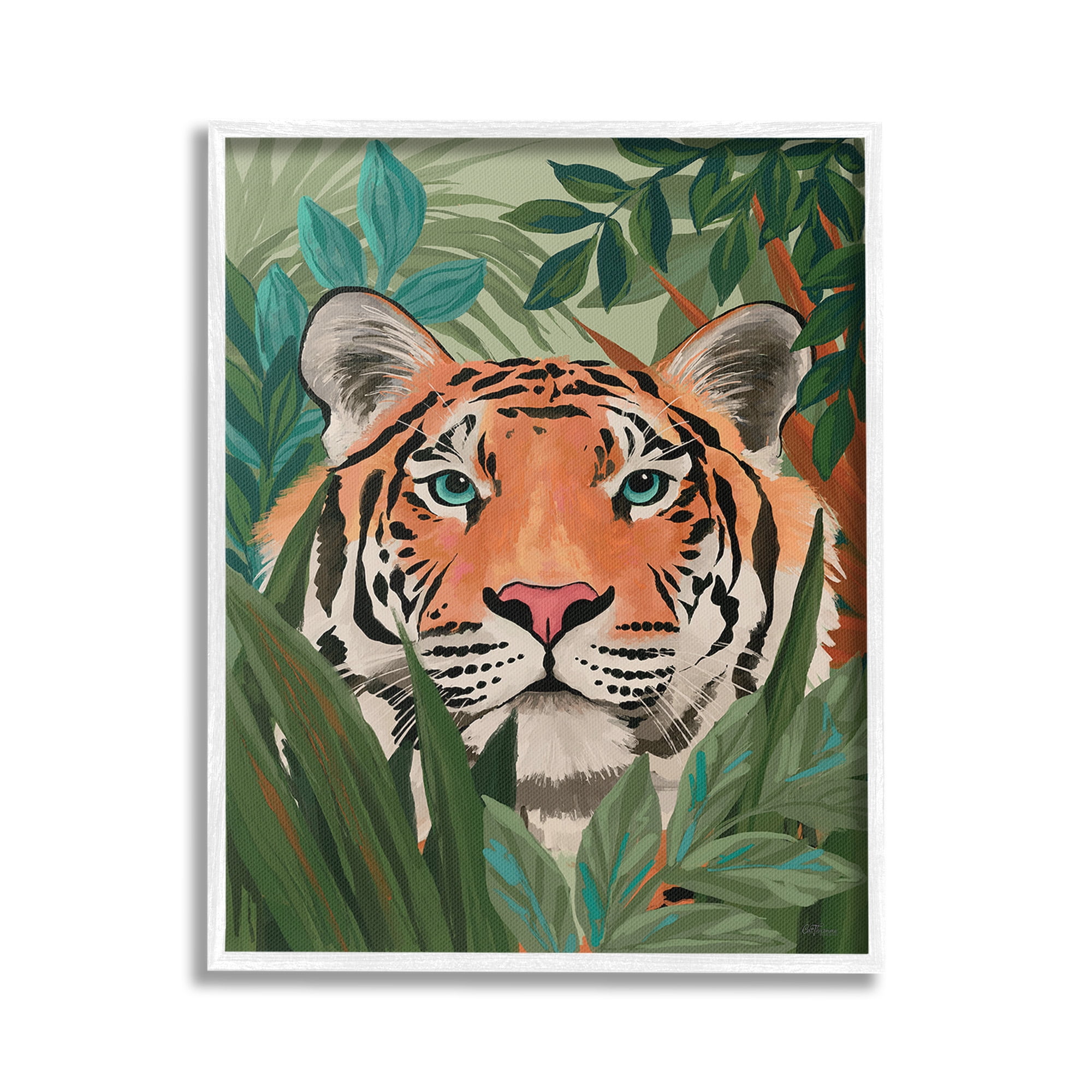 Stupell Industries Tiger Peeking in Leaves Animals & Insects Painting White Framed Art Print Wall Art, 16 x 20