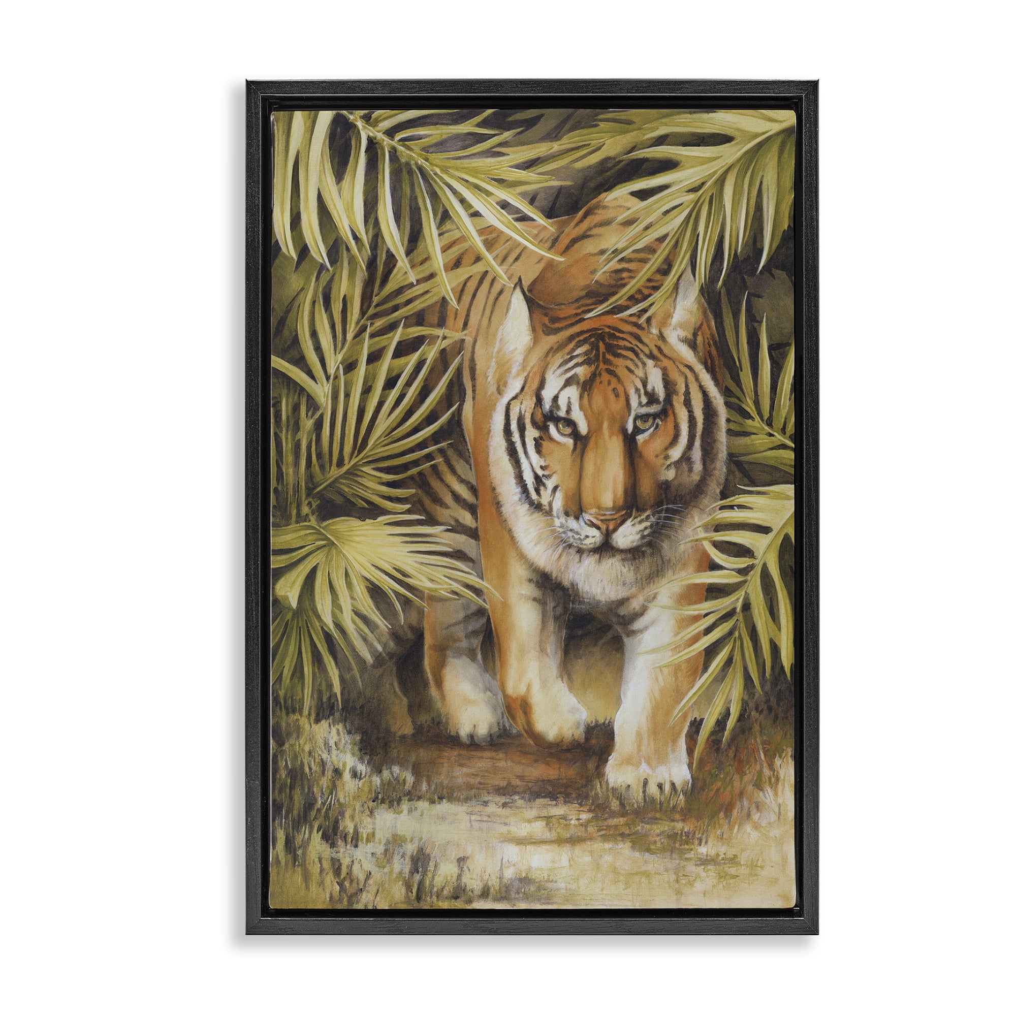 Stupell Industries Tiger Prowling Through Leaves Animals & Insects Painting Black Floater Framed Canvas Art Print Wall Art, 21 x 31