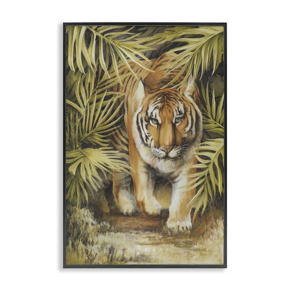 Stupell Industries Tiger Prowling Through Leaves Animals & Insects Painting Black Framed Art Print Wall Art, 12 x 18
