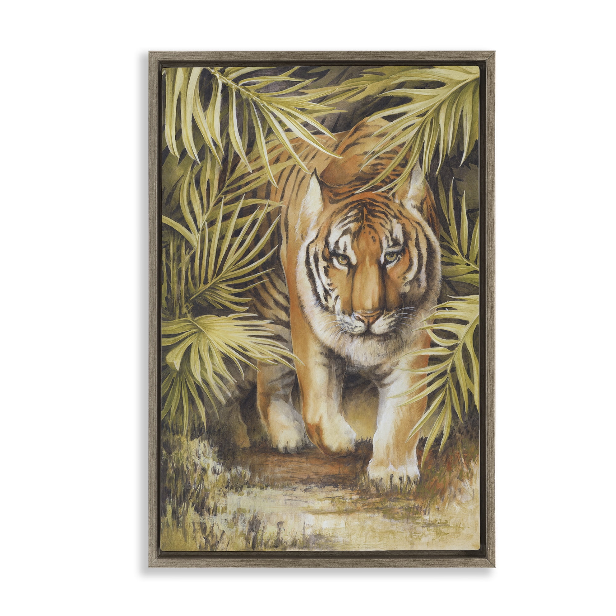 Stupell Industries Tiger Prowling Through Leaves Animals & Insects Painting Brown Floater Framed Canvas Art Print Wall Art, 17 x 25