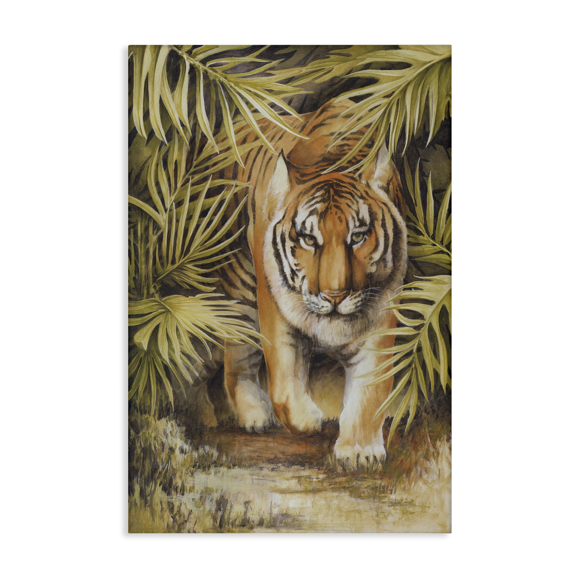 Stupell Industries Tiger Prowling Through Leaves Animals & Insects Painting Gallery Wrapped Canvas Art Print Wall Art, 20 x 30