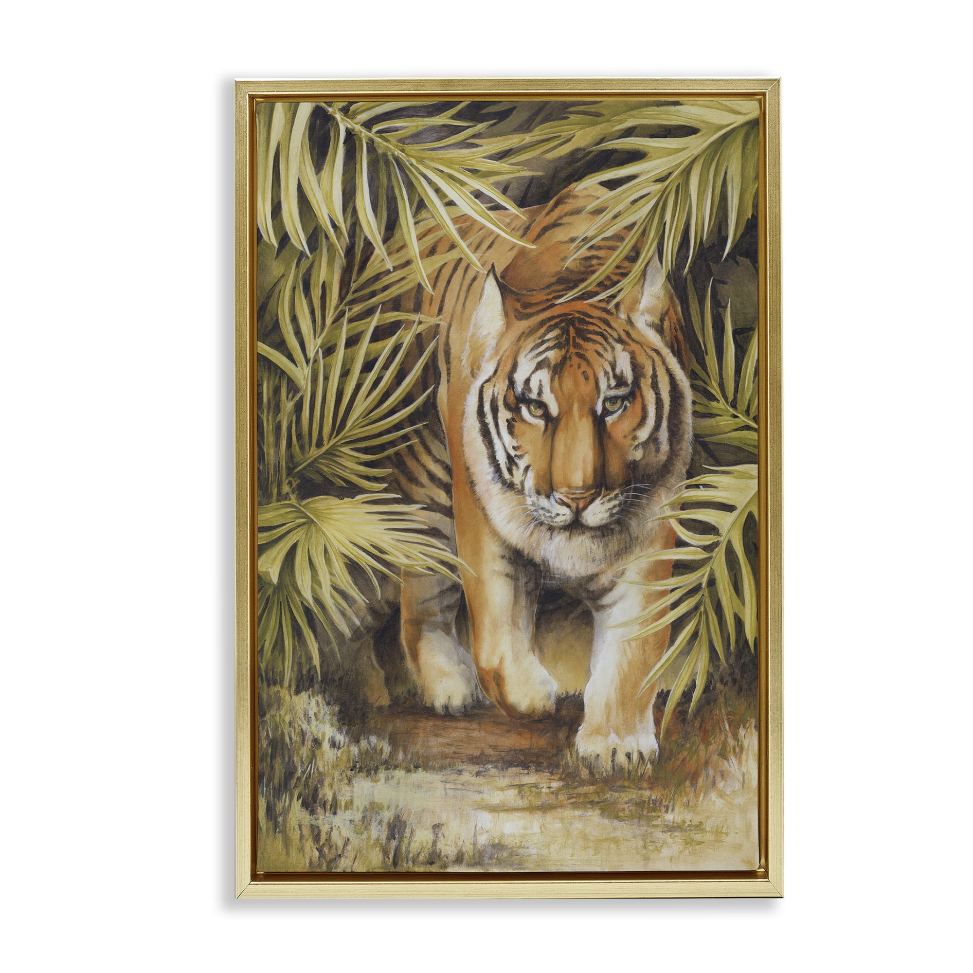 Stupell Industries Tiger Prowling Through Leaves Animals & Insects Painting Gold Floater Framed Canvas Art Print Wall Art, 21 x 31