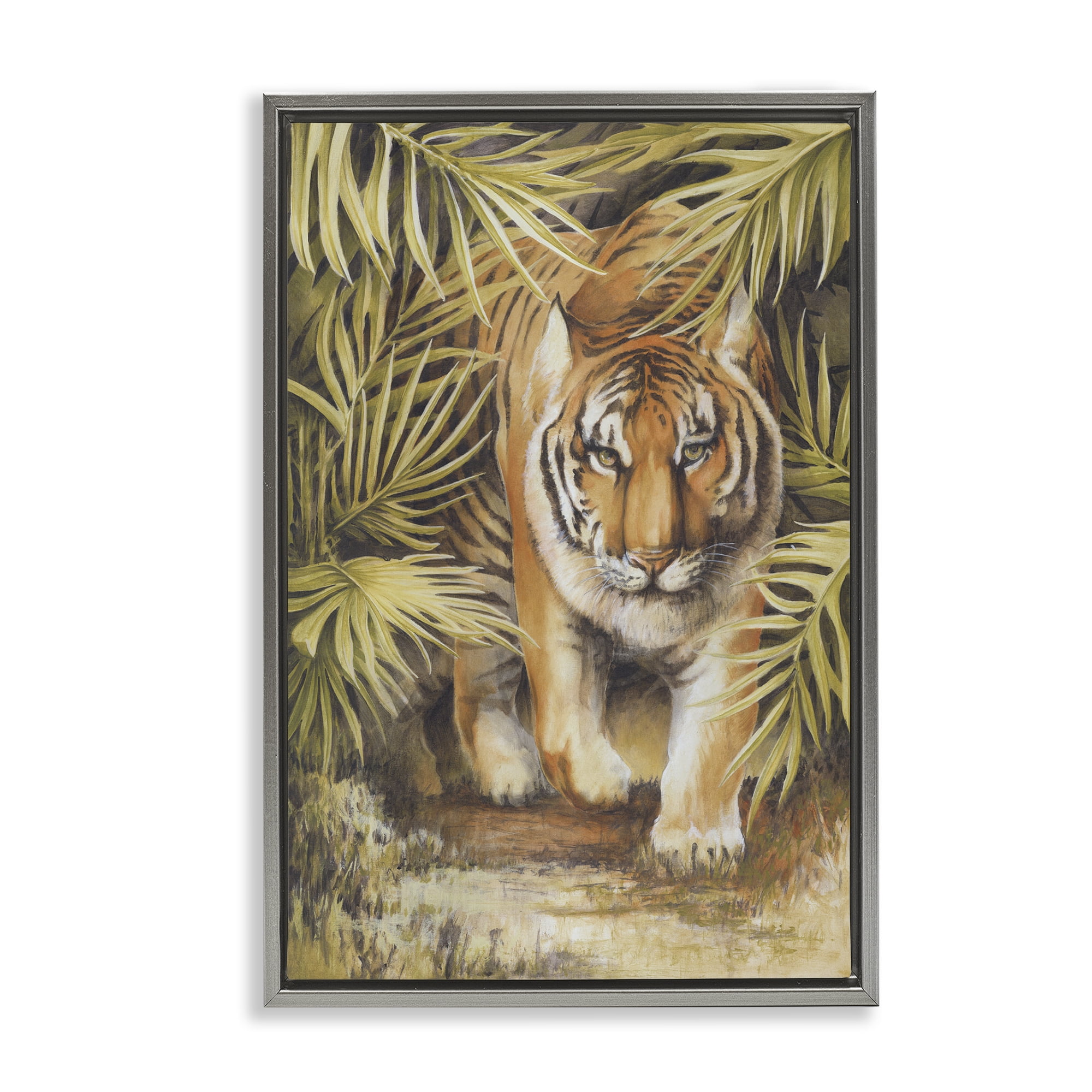 Stupell Industries Tiger Prowling Through Leaves Animals & Insects Painting Gray Floater Framed Canvas Art Print Wall Art, 17 x 25
