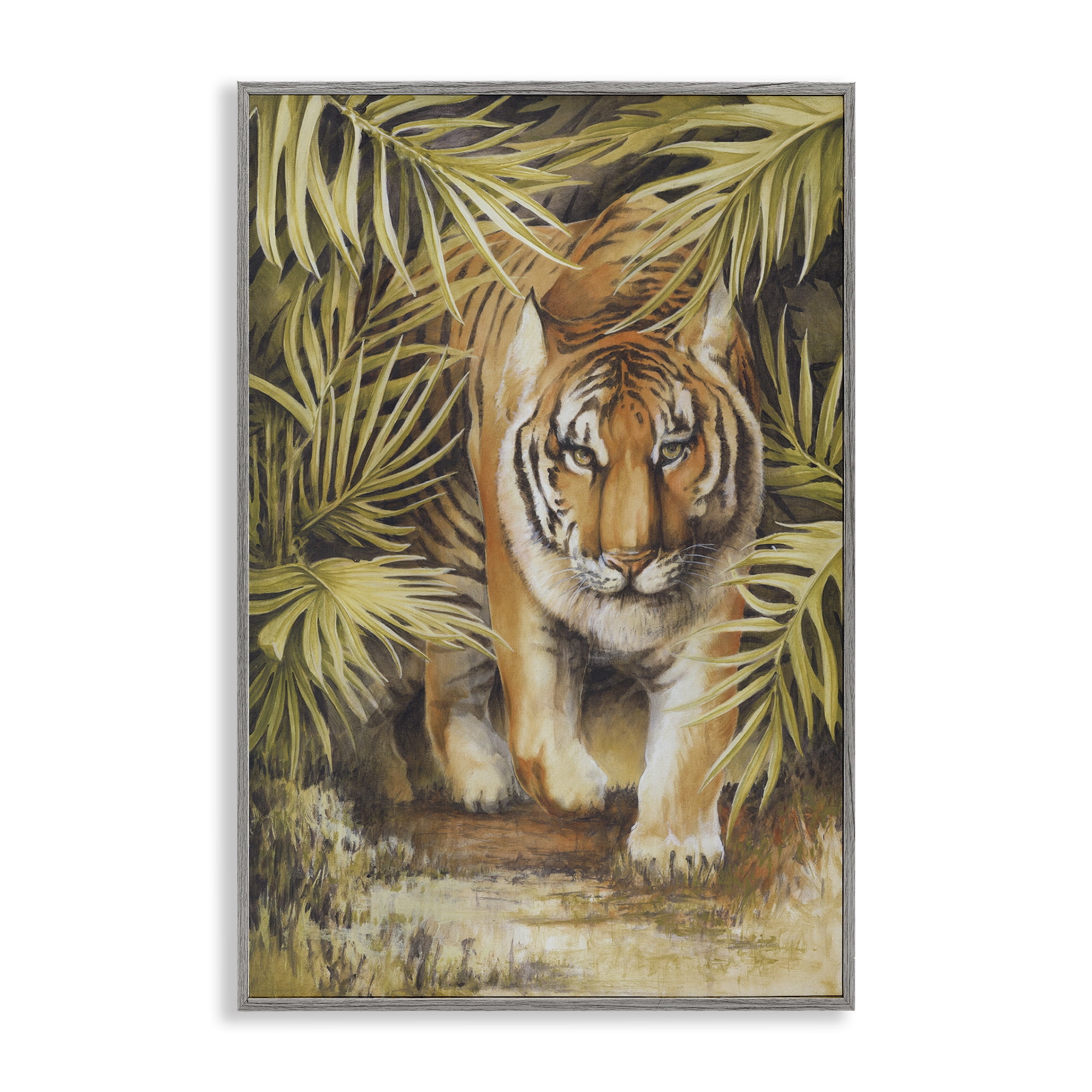 Stupell Industries Tiger Prowling Through Leaves Animals & Insects Painting Gray Framed Art Print Wall Art, 20 x 30