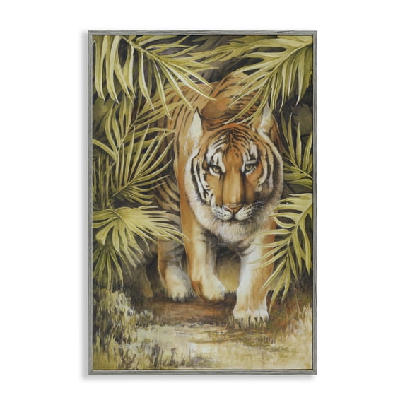 Stupell Industries Tiger Prowling Through Leaves Animals & Insects Painting Gray Framed Art Print Wall Art, 20 x 30