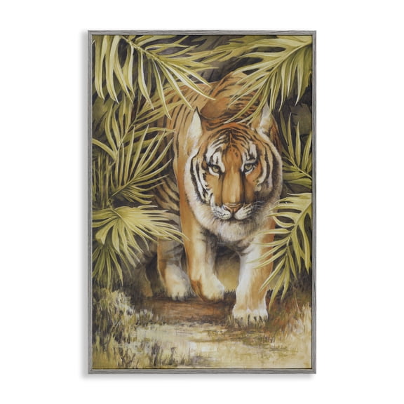 Stupell Industries Tiger Prowling Through Leaves Animals & Insects Painting Gray Framed Art Print Wall Art, 20 x 30