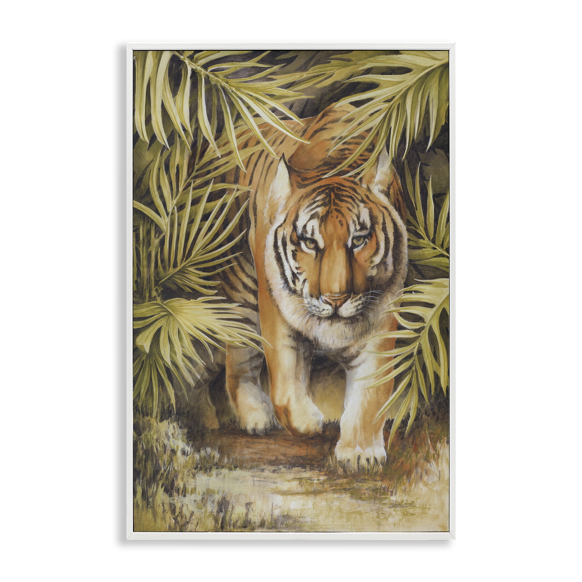 Stupell Industries Tiger Prowling Through Leaves Animals & Insects Painting White Framed Art Print Wall Art, 12 x 18