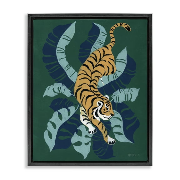 Stupell Industries Tiger Prowling over Palms Animals & Insects Painting Black Floater Framed Canvas Art Print Wall Art, 17 x 21