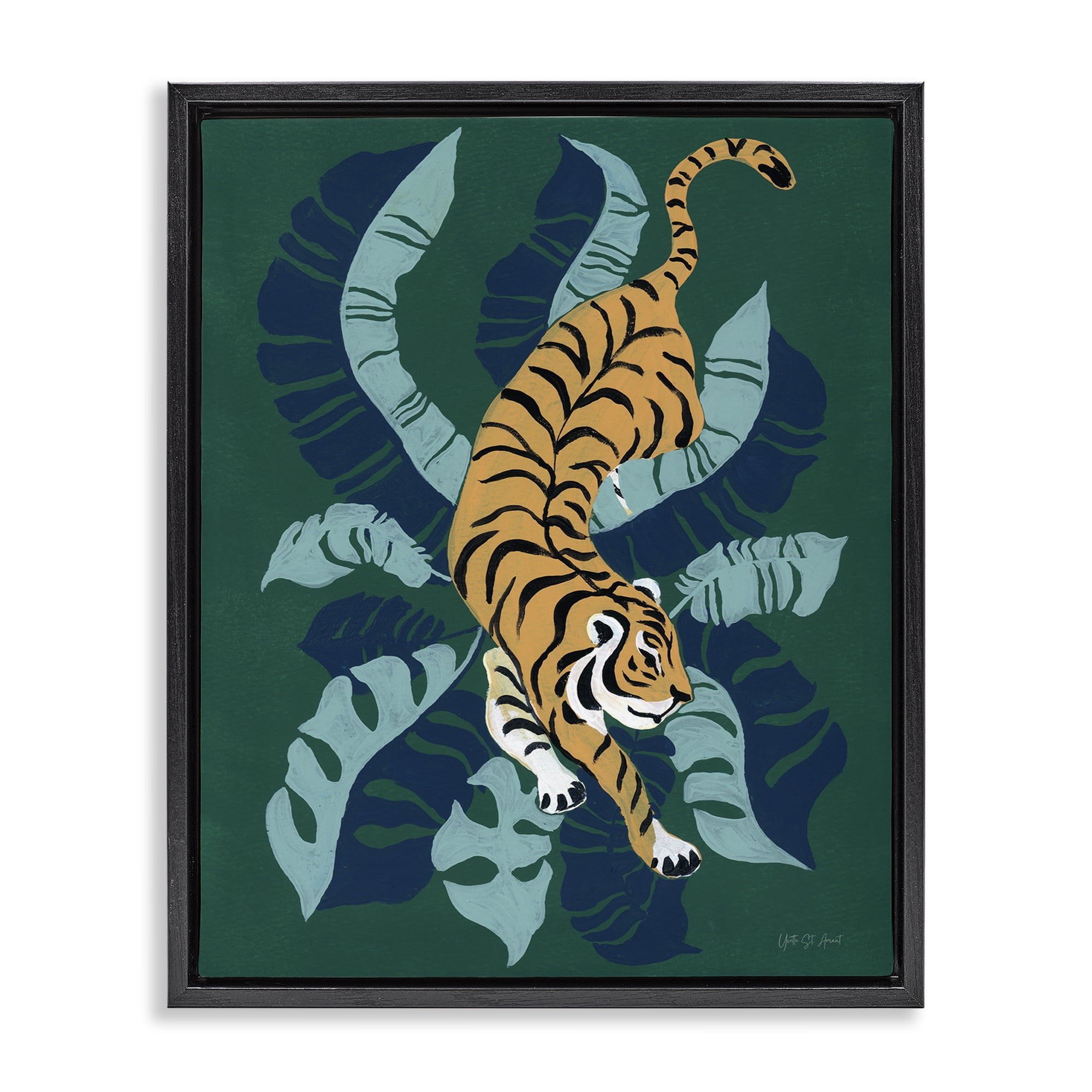 Stupell Industries Tiger Prowling over Palms Animals & Insects Painting Black Floater Framed Canvas Art Print Wall Art, 25 x 31