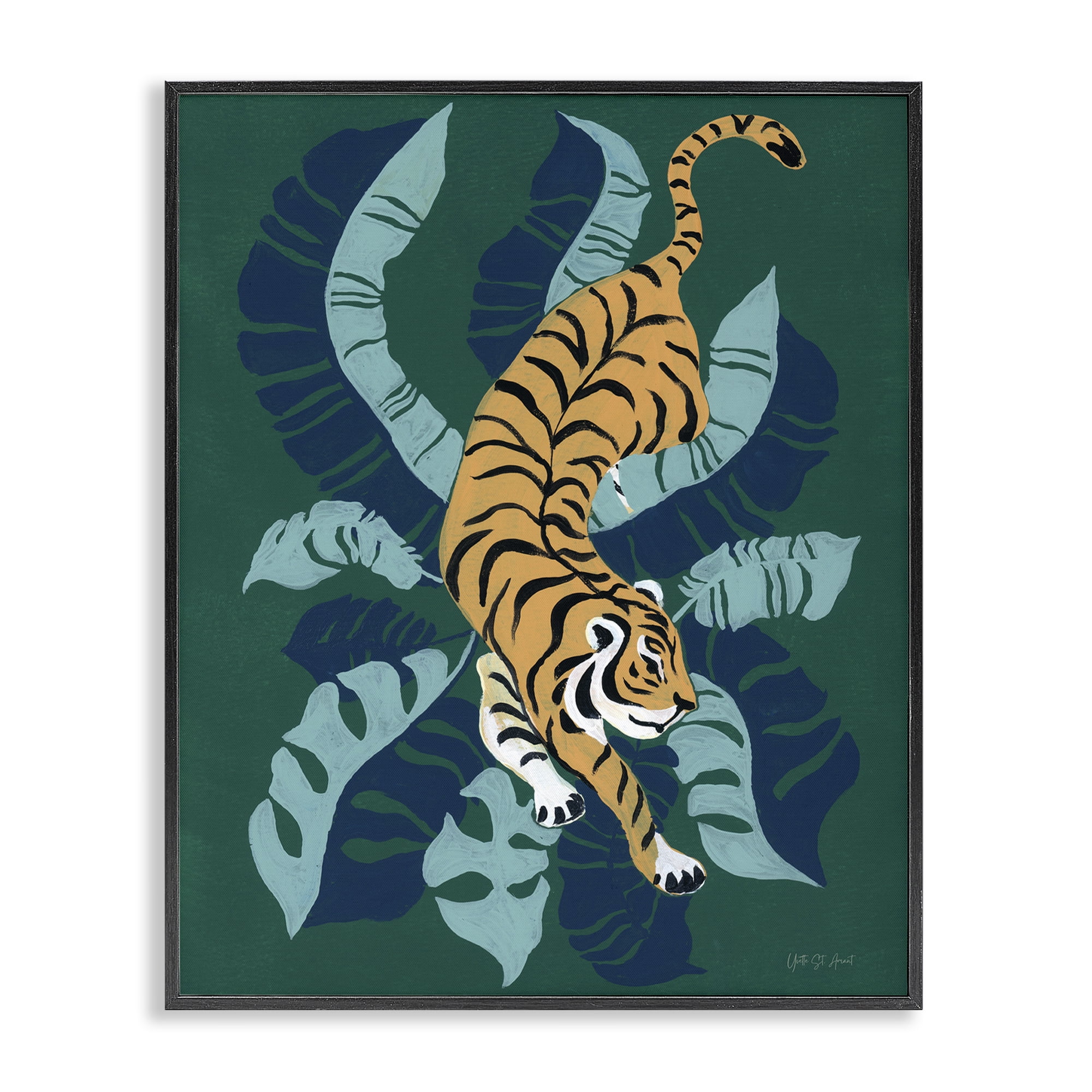 Stupell Industries Tiger Prowling over Palms Animals & Insects Painting Black Framed Art Print Wall Art, 11 x 14