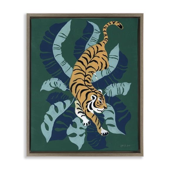 Stupell Industries Tiger Prowling over Palms Animals & Insects Painting Brown Floater Framed Canvas Art Print Wall Art, 25 x 31