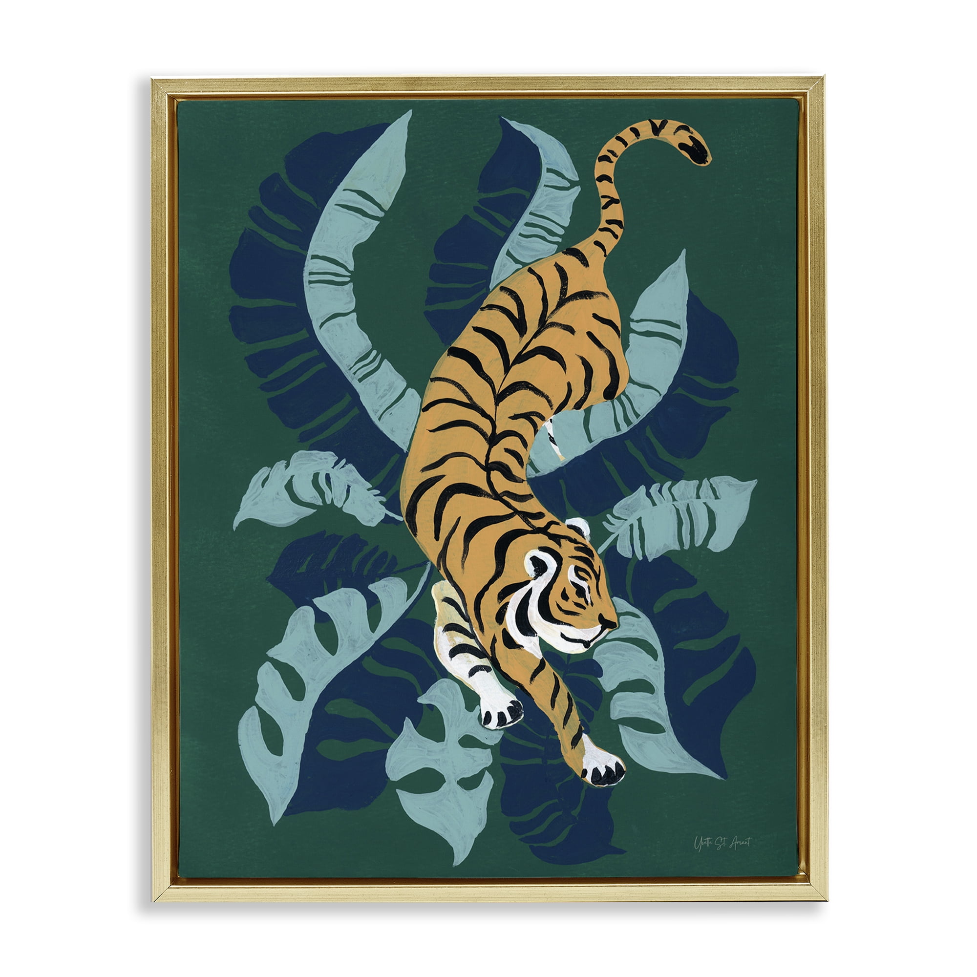 Stupell Industries Tiger Prowling over Palms Animals & Insects Painting Gold Floater Framed Canvas Art Print Wall Art, 17 x 21