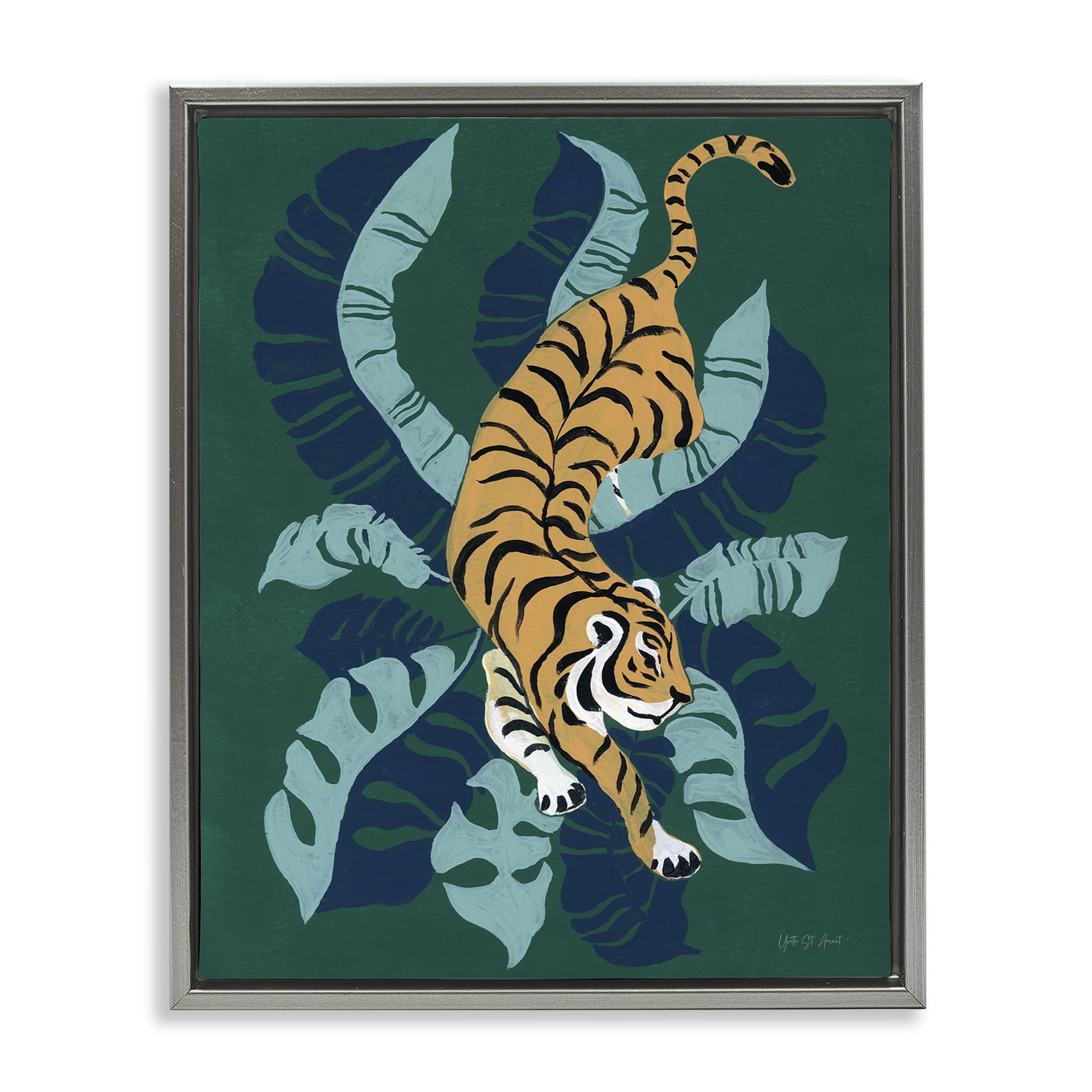 Stupell Industries Tiger Prowling over Palms Animals & Insects Painting Gray Floater Framed Canvas Art Print Wall Art, 17 x 21