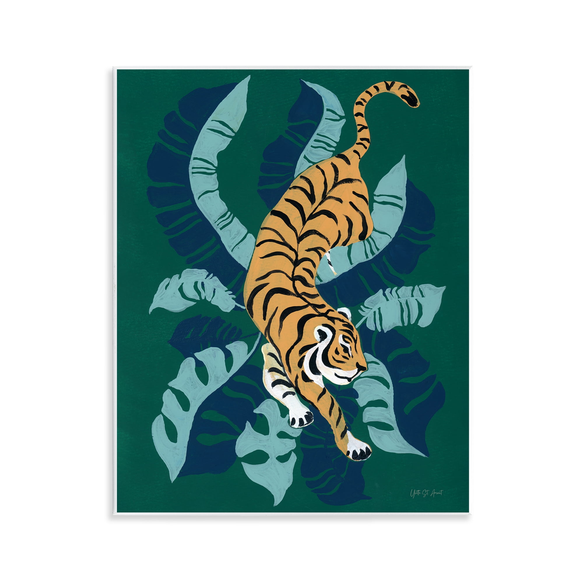Tiger Prowling Over Palms Green and Orange MDF Wall Art