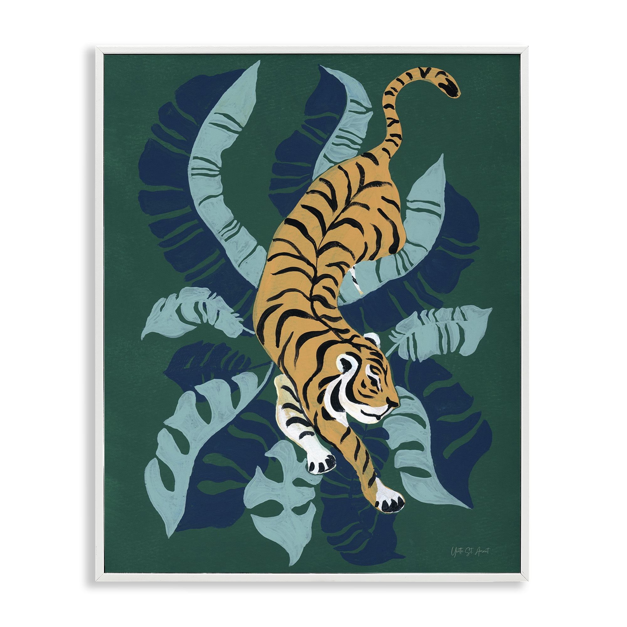 Stupell Industries Tiger Prowling over Palms Animals & Insects Painting White Framed Art Print Wall Art, 11 x 14