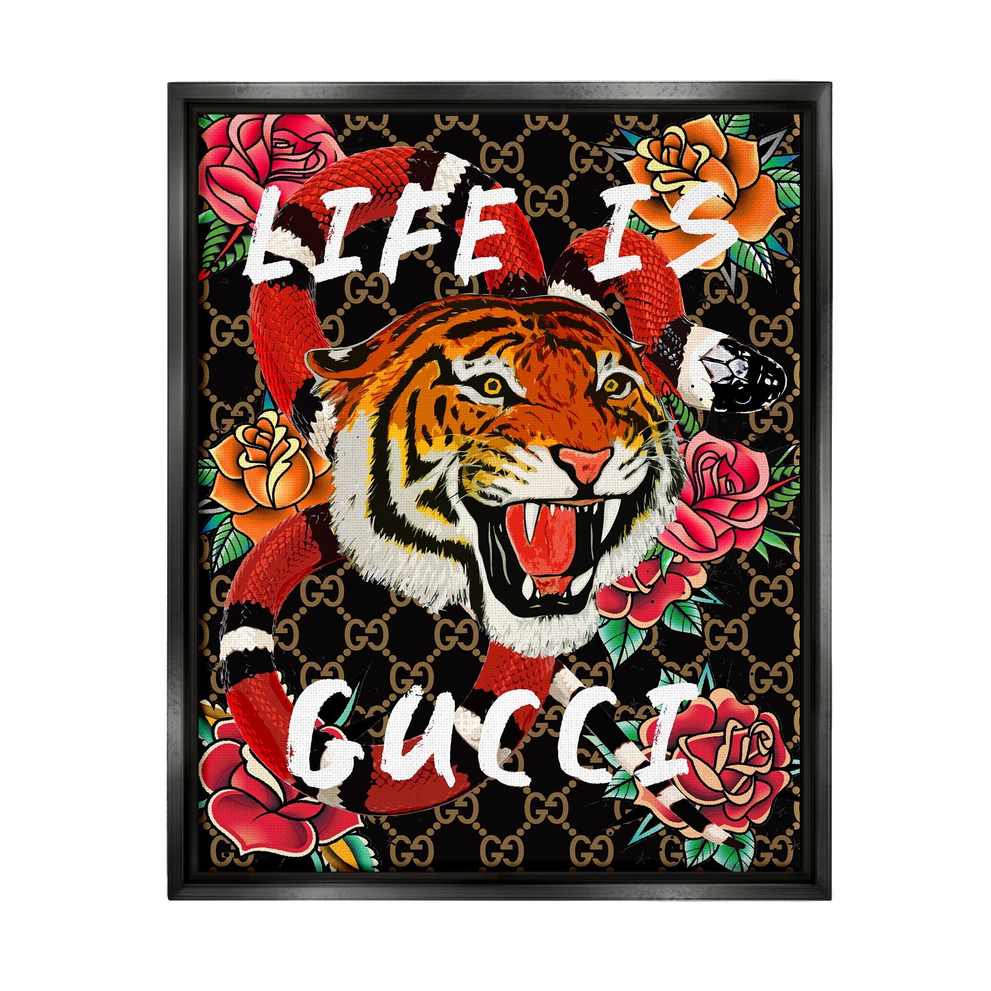 Stupell Industries Tiger & Roses Phrase Animals & Insects Painting Black Floater Framed Art Print Wall Art, 17 x 21