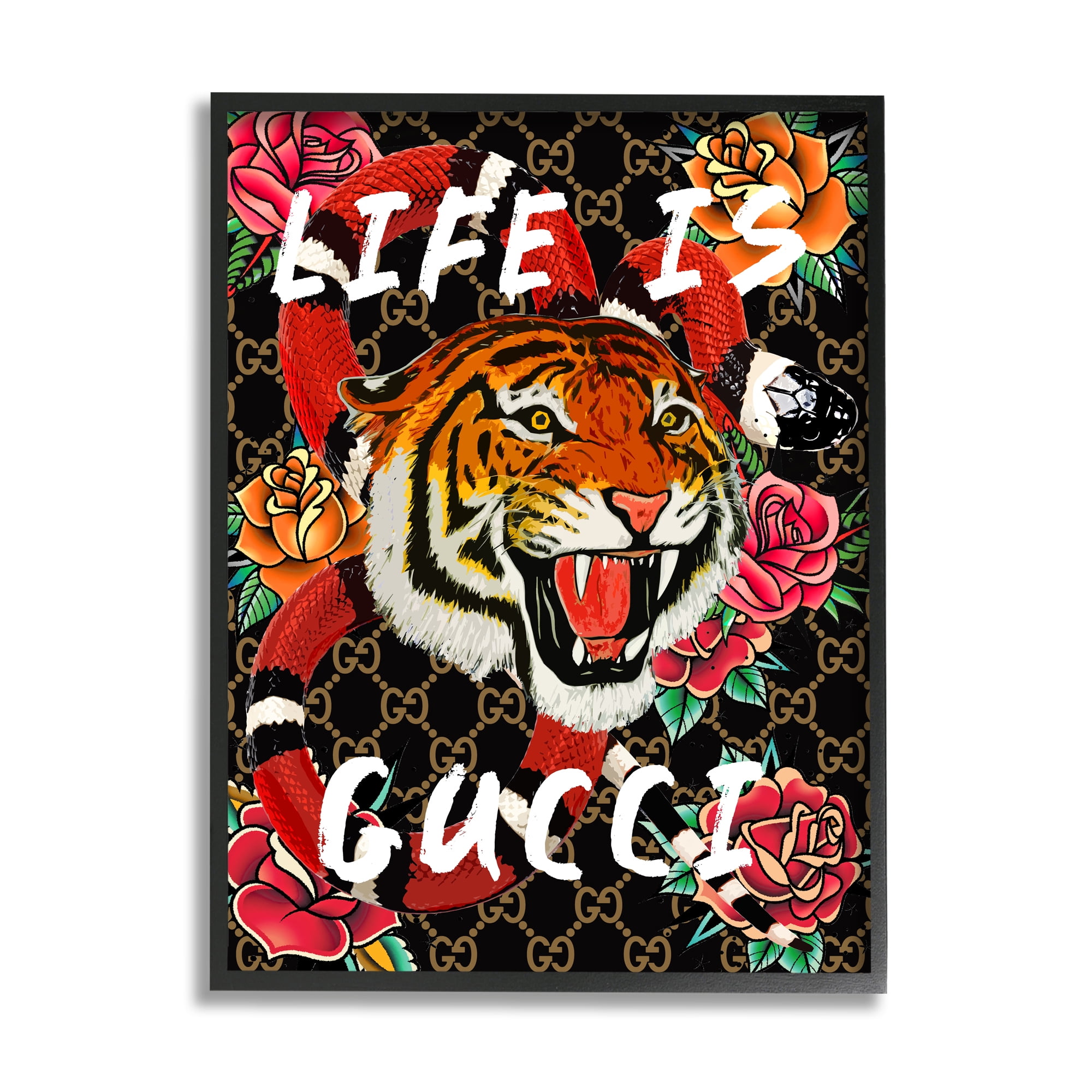 Stupell Industries Tiger & Roses Phrase Animals & Insects Painting Black Framed Art Print Wall Art, 16 x 20
