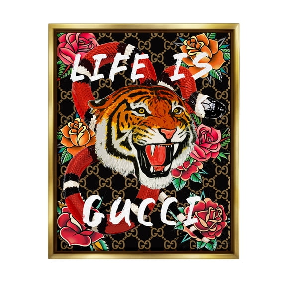 Stupell Industries Tiger & Roses Phrase Animals & Insects Painting Gold Floater Framed Art Print Wall Art, 25 x 31