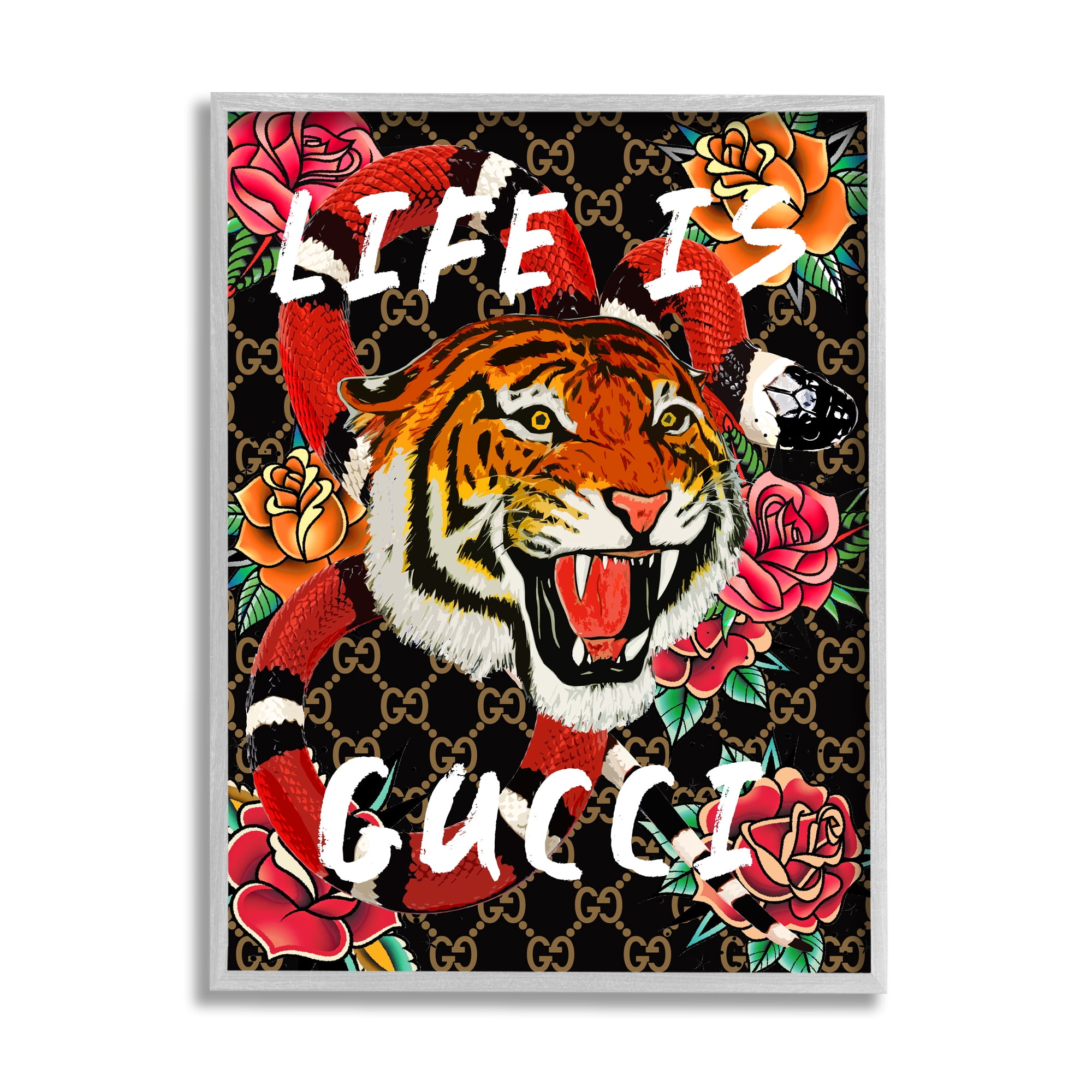 Stupell Industries Tiger & Roses Phrase Animals & Insects Painting Gray Framed Art Print Wall Art, 11 x 14