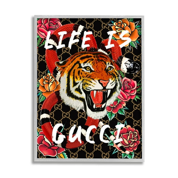 Stupell Industries Tiger & Roses Phrase Animals & Insects Painting Gray Framed Art Print Wall Art, 24 x 30