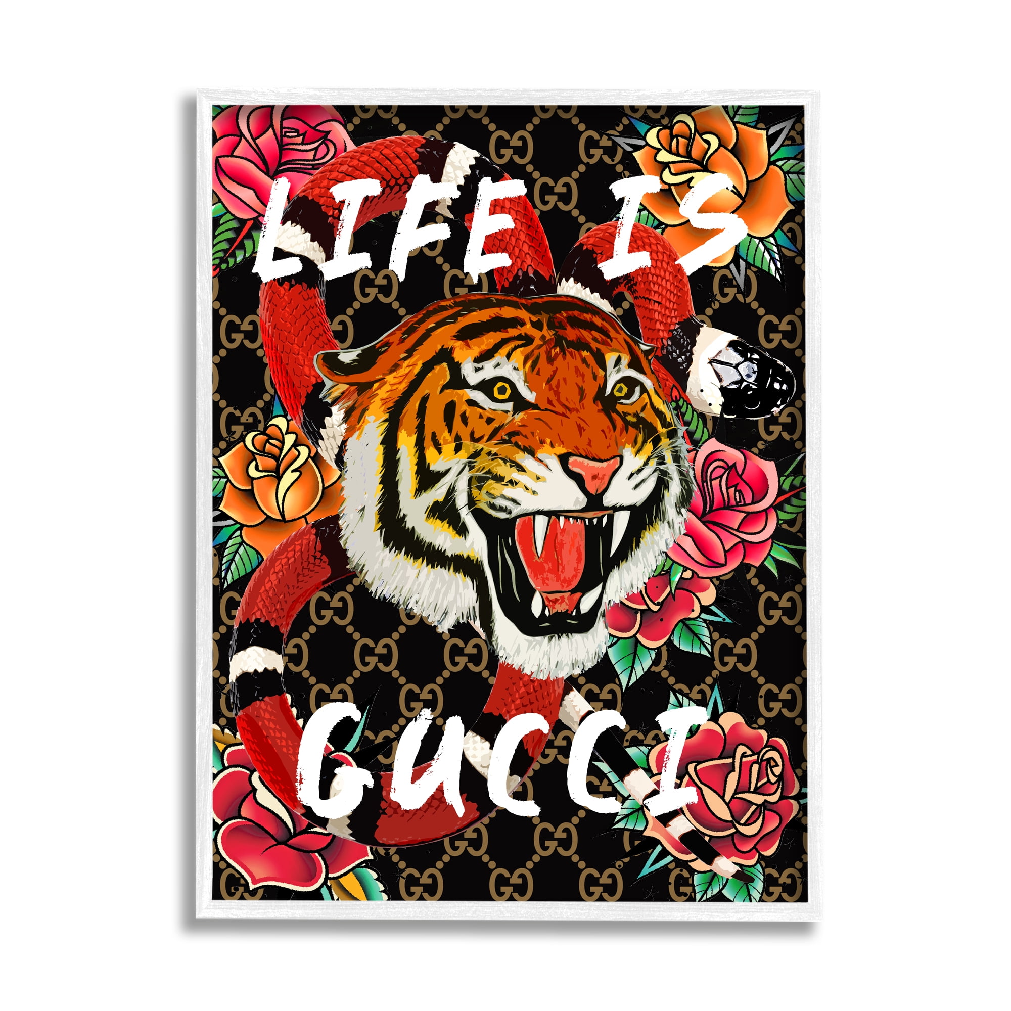 Stupell Industries Tiger & Roses Phrase Animals & Insects Painting White Framed Art Print Wall Art, 11 x 14