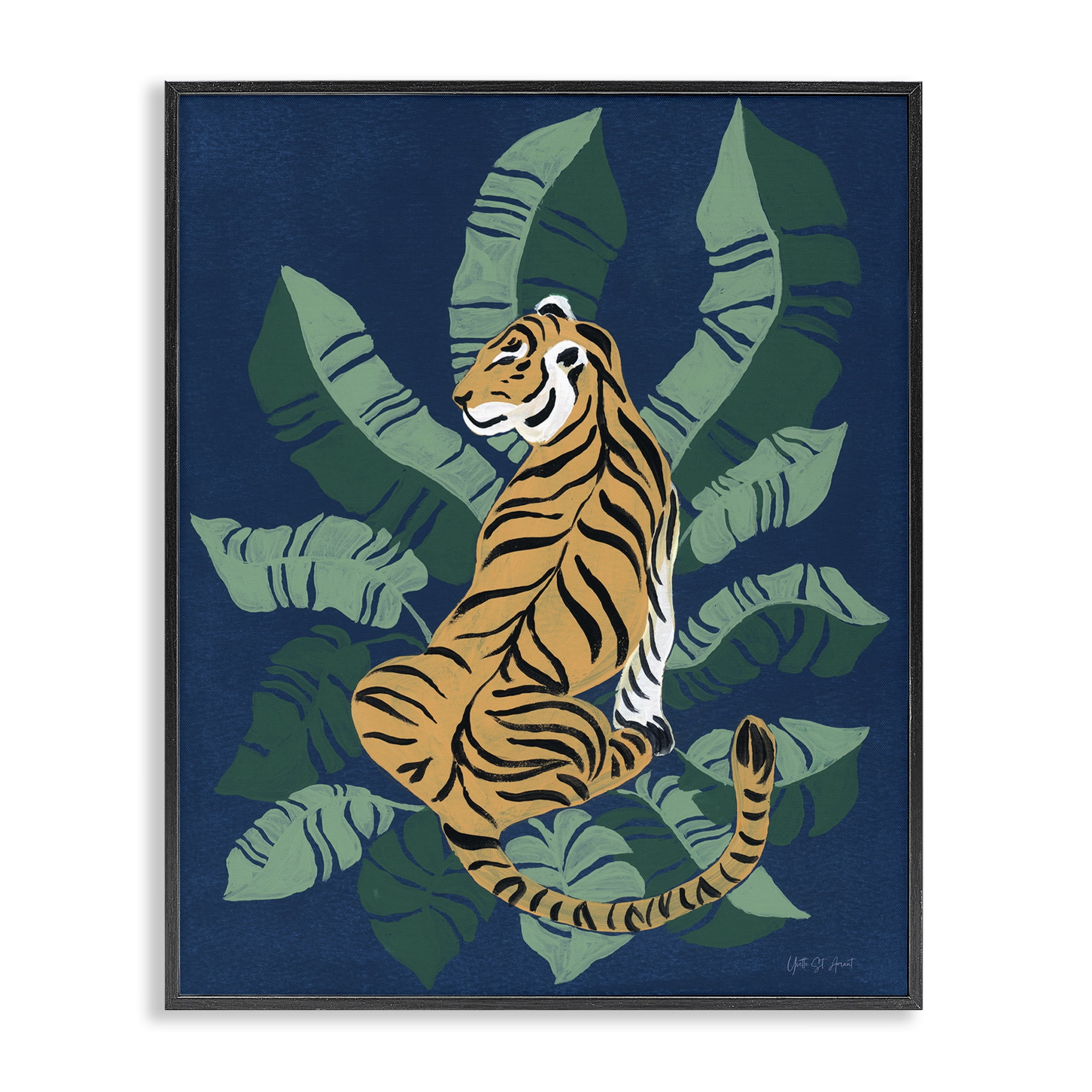 Stupell Industries Tiger Sitting over Palms Animals & Insects Painting Black Framed Art Print Wall Art, 16 x 20