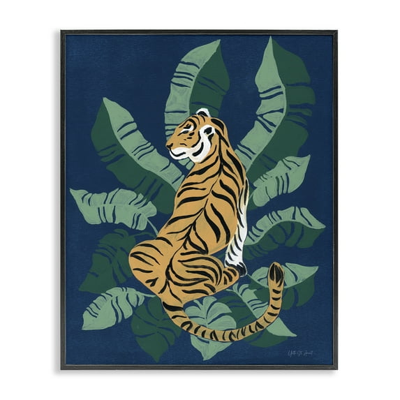 Stupell Industries Tiger Sitting over Palms Animals & Insects Painting Black Framed Art Print Wall Art, 24 x 30