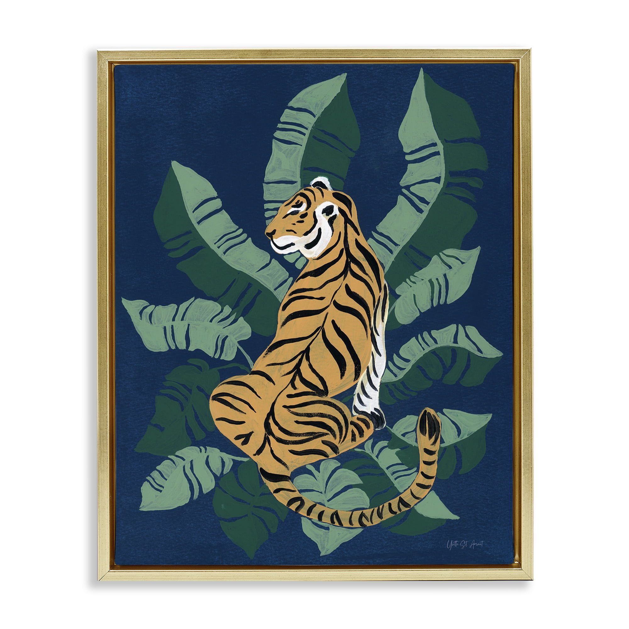 Stupell Industries Tiger Sitting over Palms Animals & Insects Painting Gold Floater Framed Canvas Art Print Wall Art, 17 x 21