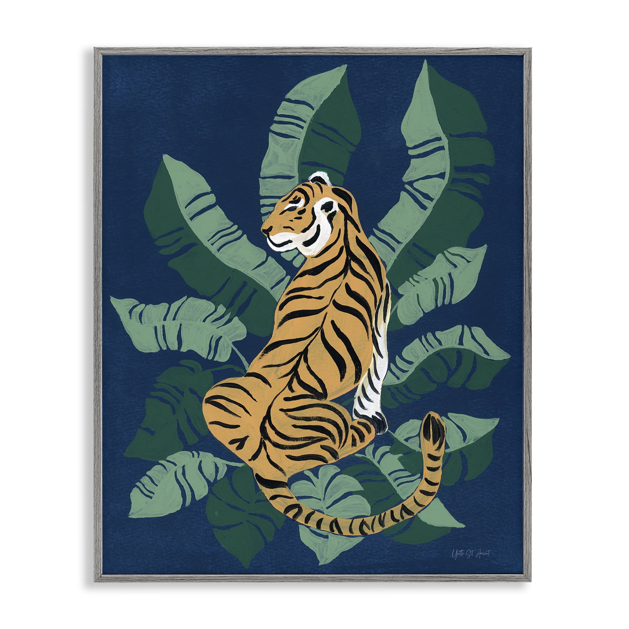 Stupell Industries Tiger Sitting over Palms Animals & Insects Painting Gray Framed Art Print Wall Art, 16 x 20