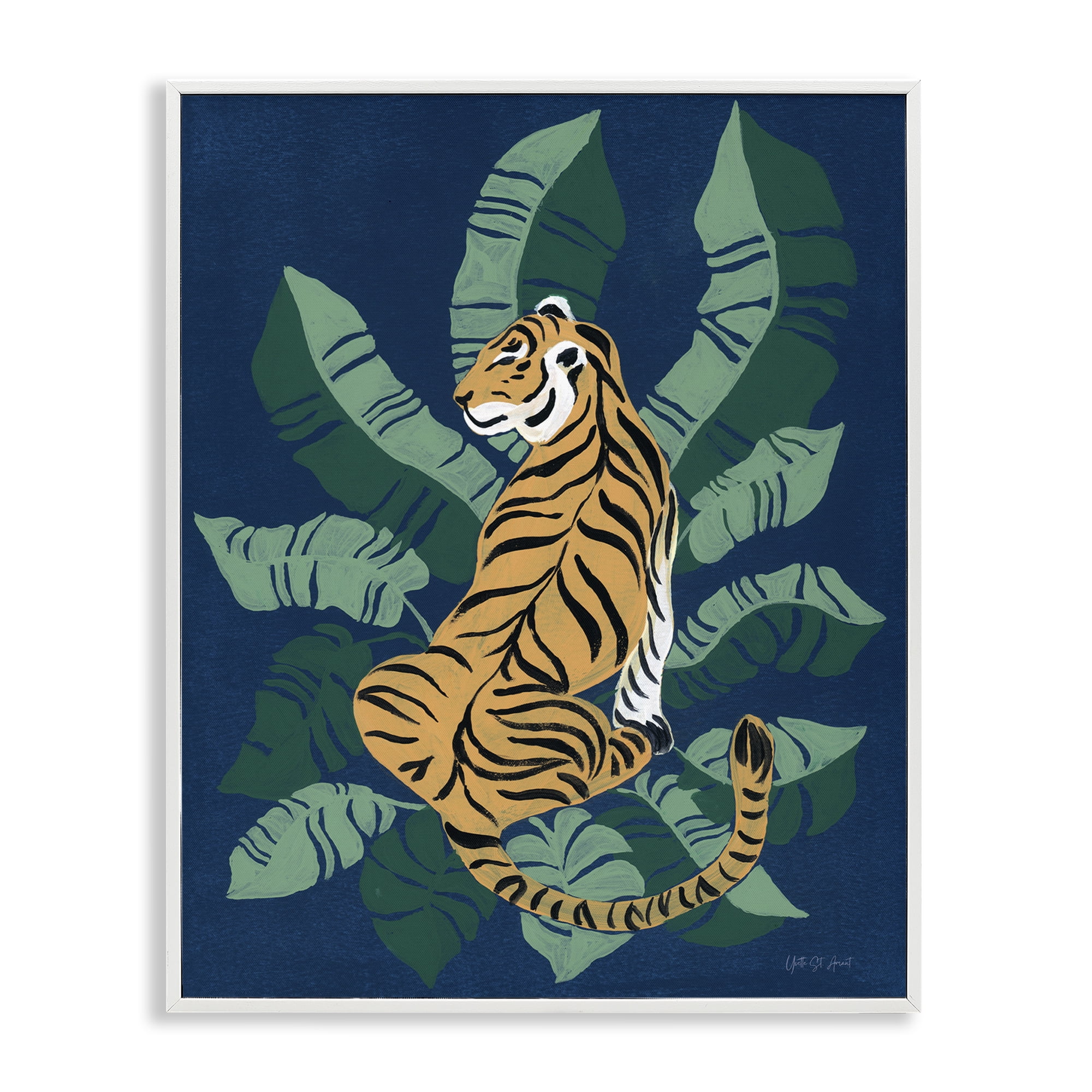 Stupell Industries Tiger Sitting over Palms Animals & Insects Painting White Framed Art Print Wall Art, 24 x 30